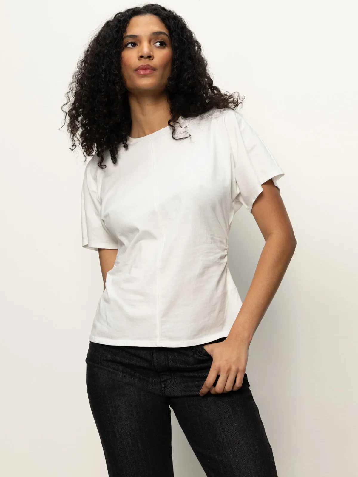 NonIrritating Fabric Shirred Waist Dolman Tee White