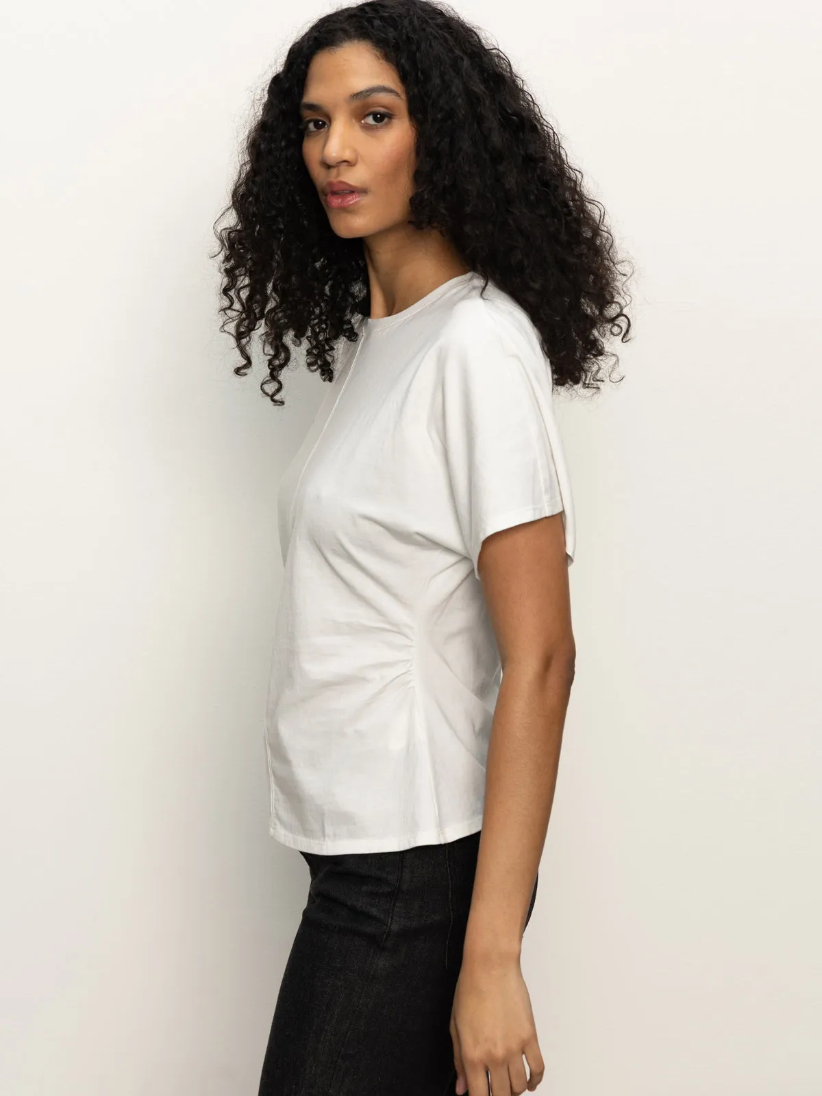 Shirred Waist Dolman Tee White Breezy Comfort Classic Chic