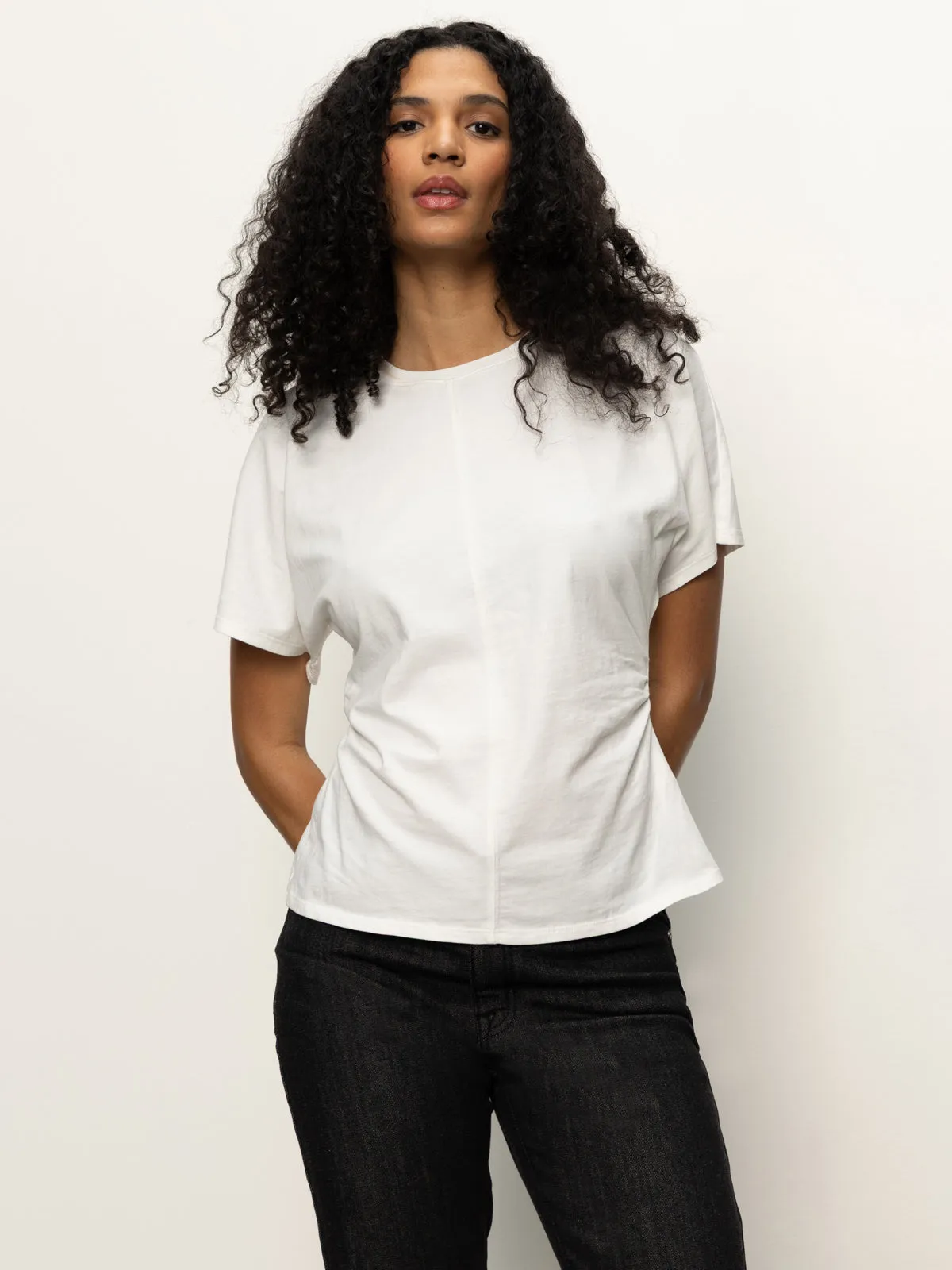 Shirred Waist Dolman Tee White Versatile Style Trend Functional Side Gussets