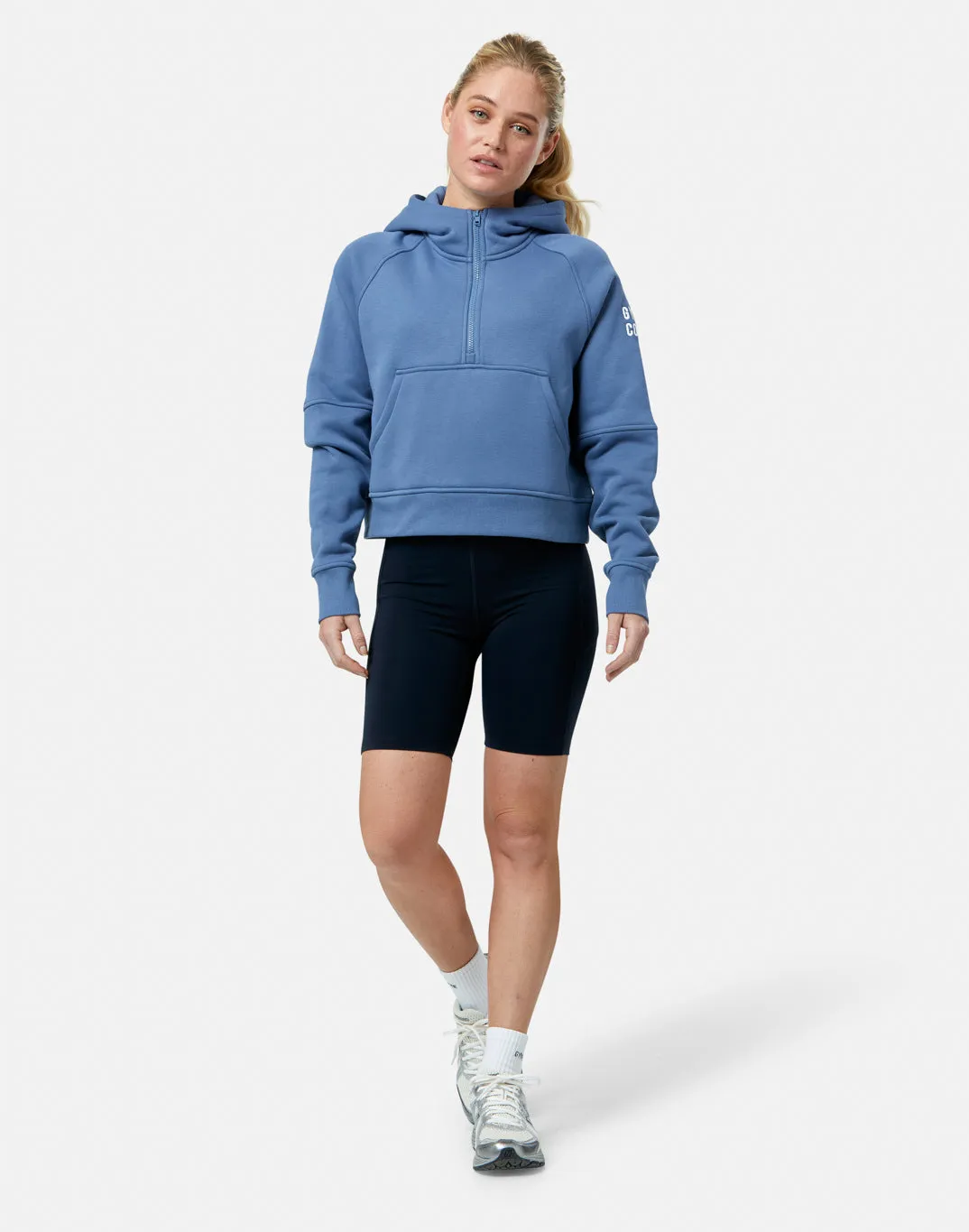Sierra Half Zip Crop Hoodie in Oasis Blue loop accents Errand Ready