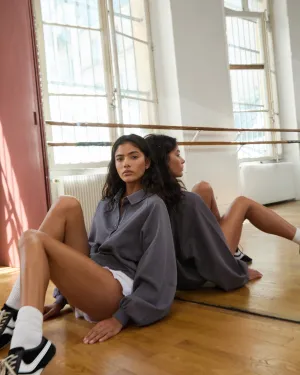 Slouchy Button Up Sweatshirt - Slate Grey Striped simple design