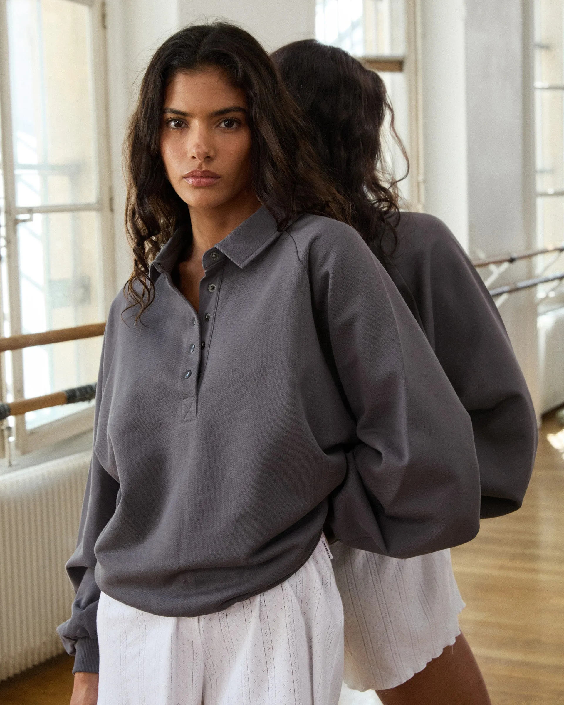 Slouchy Button Up Sweatshirt - Slate Grey sporty wear