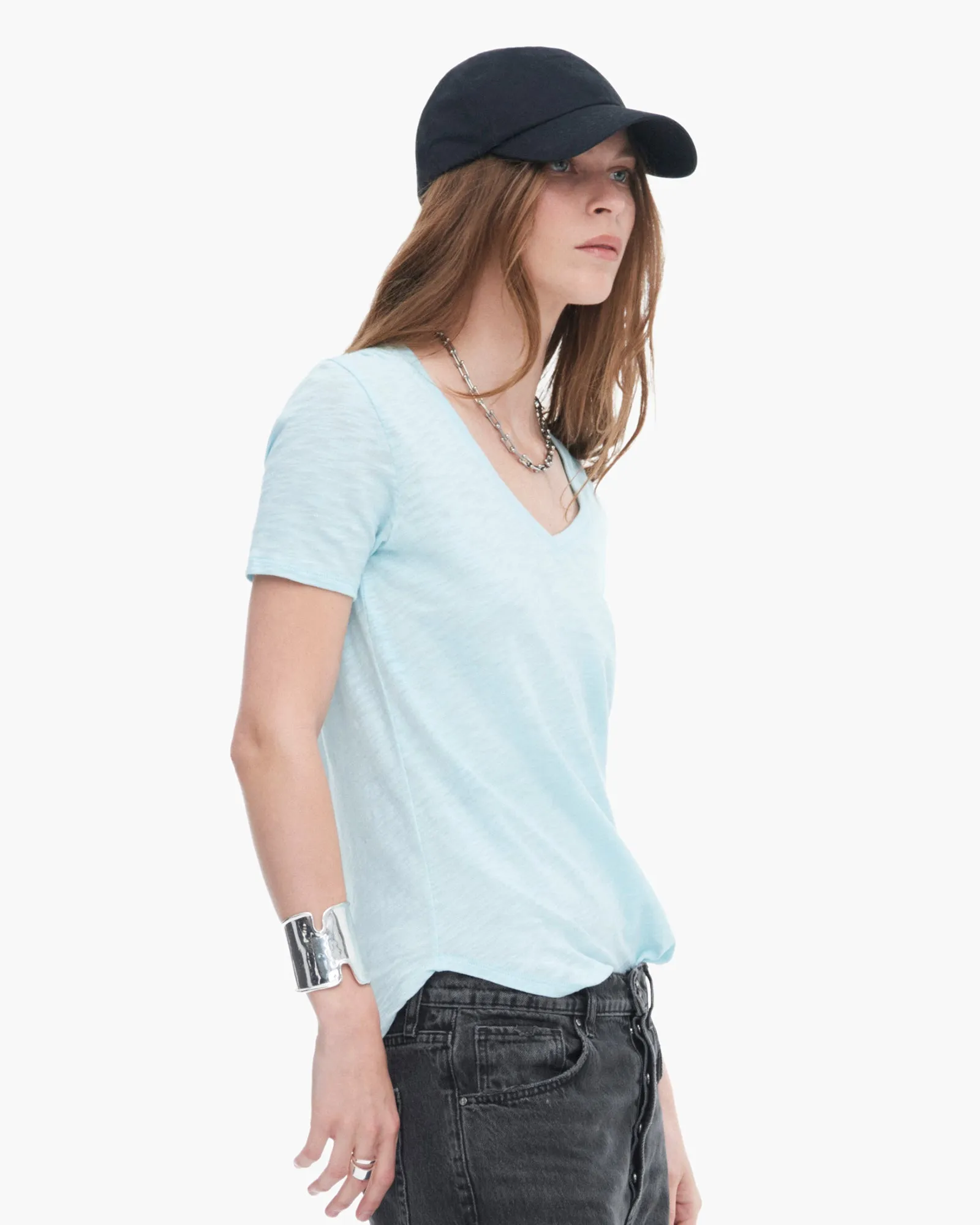 Slub Jersey Classic Short Sleeve V-Neck Tee - Ocean Blue Spandex Enhanced Elasticity