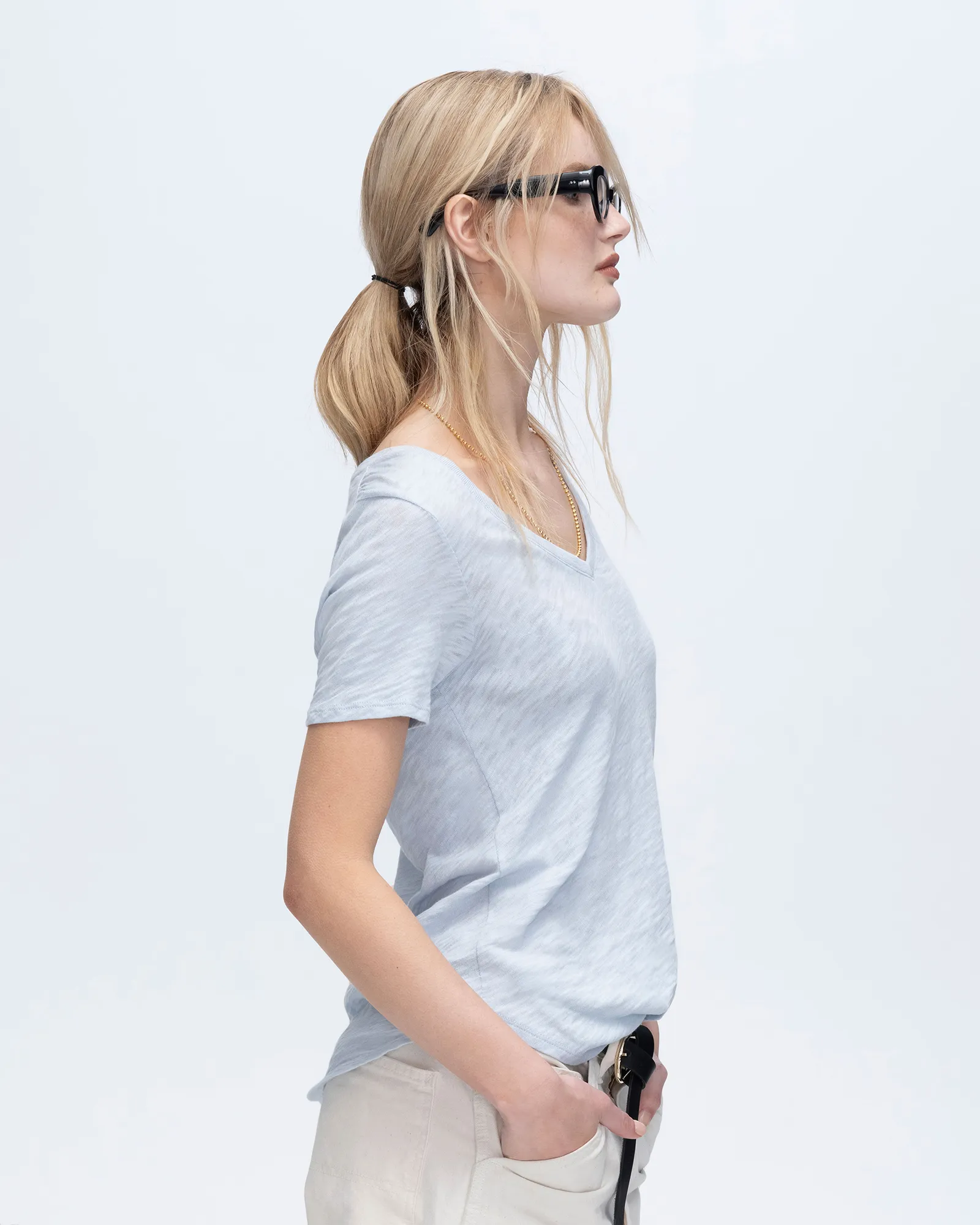 Christmas Comfortable Weave Slub Jersey Classic Short Sleeve V-Neck Tee - Powder Blue