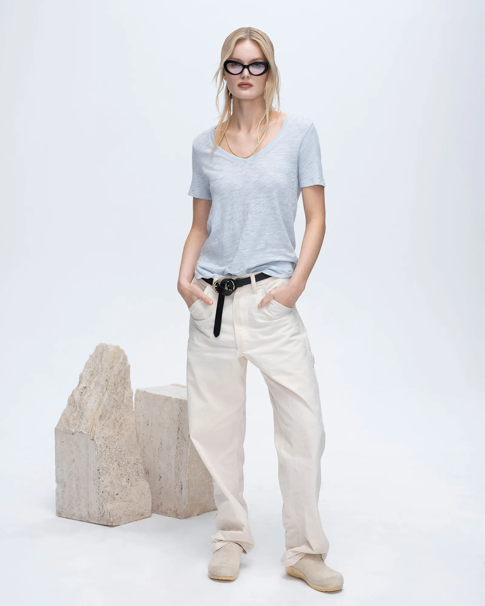 Slub Jersey Classic Short Sleeve V-Neck Tee - Powder Blue Simple Chic Summer Ready