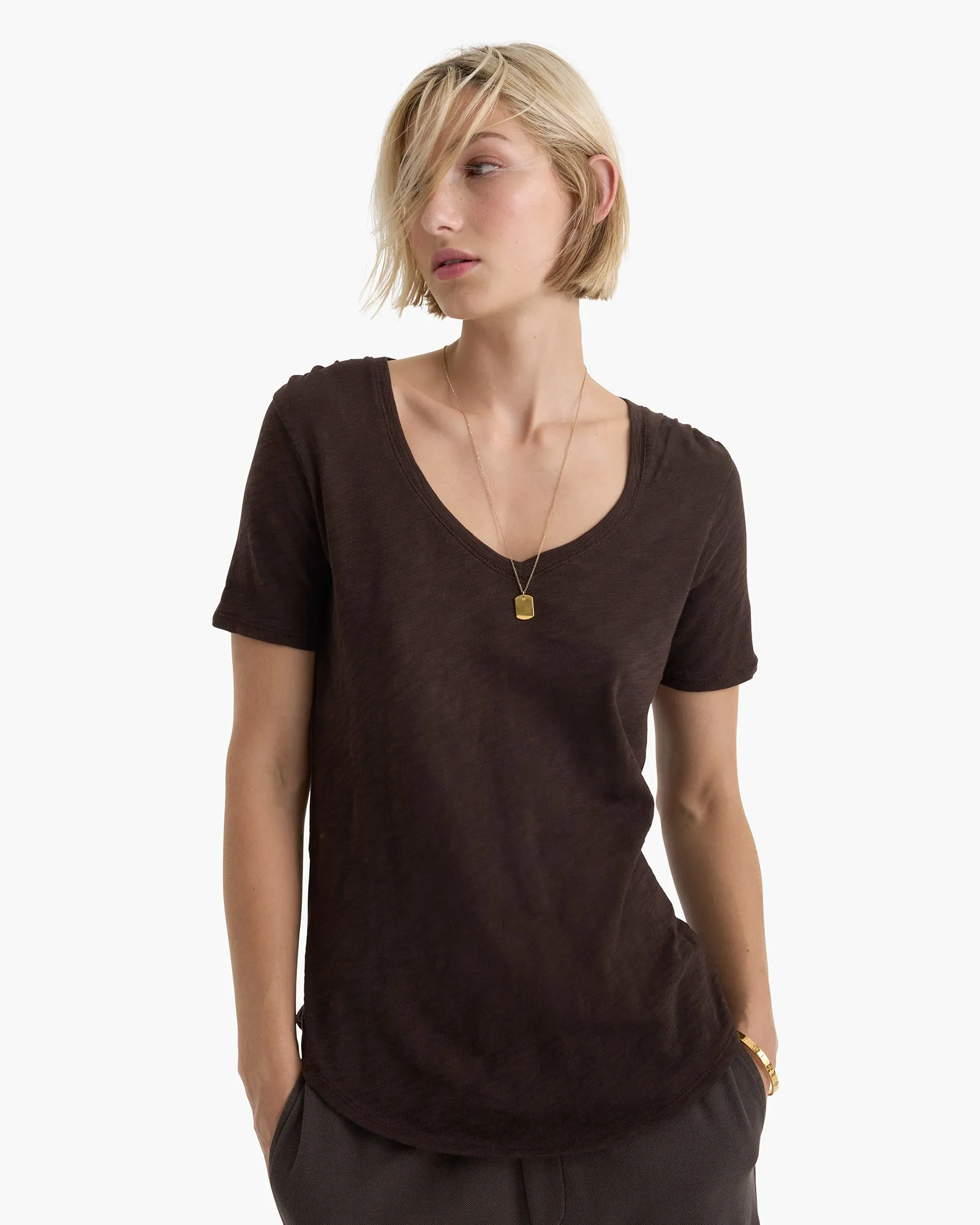Slub Jersey Classic V-Neck Tee - Dark Chocolate No Fade Technology Timeless and Chic