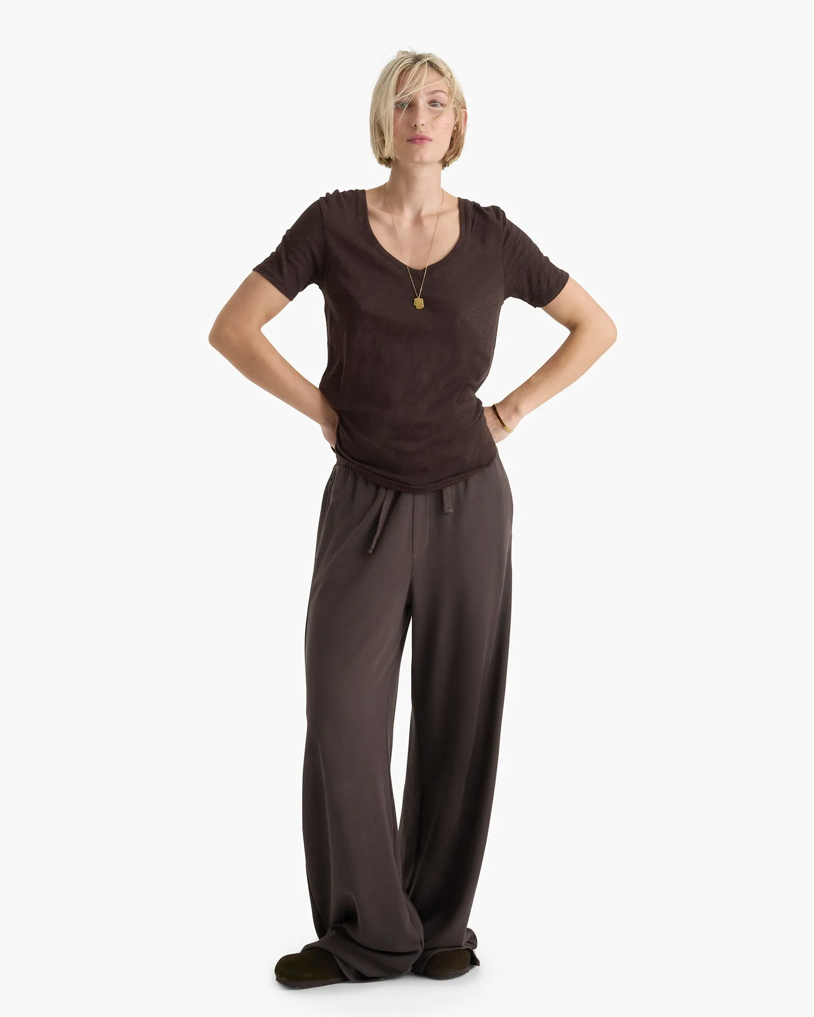 Cozy Stretch Weekend Comfort Wear Slub Jersey Classic V-Neck Tee - Dark Chocolate