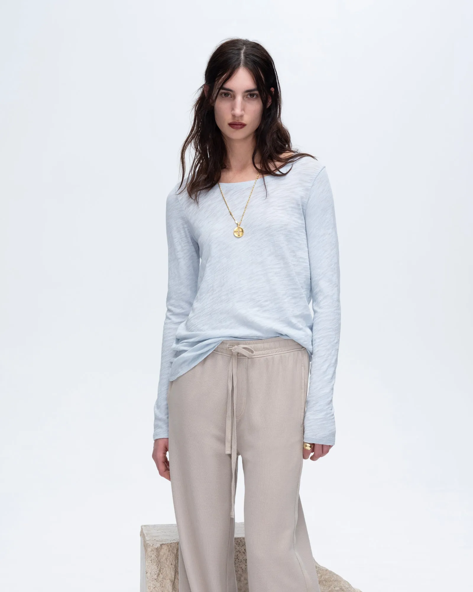 Slub Jersey Long Sleeve Destroyed Crew - Powder Blue Customizable