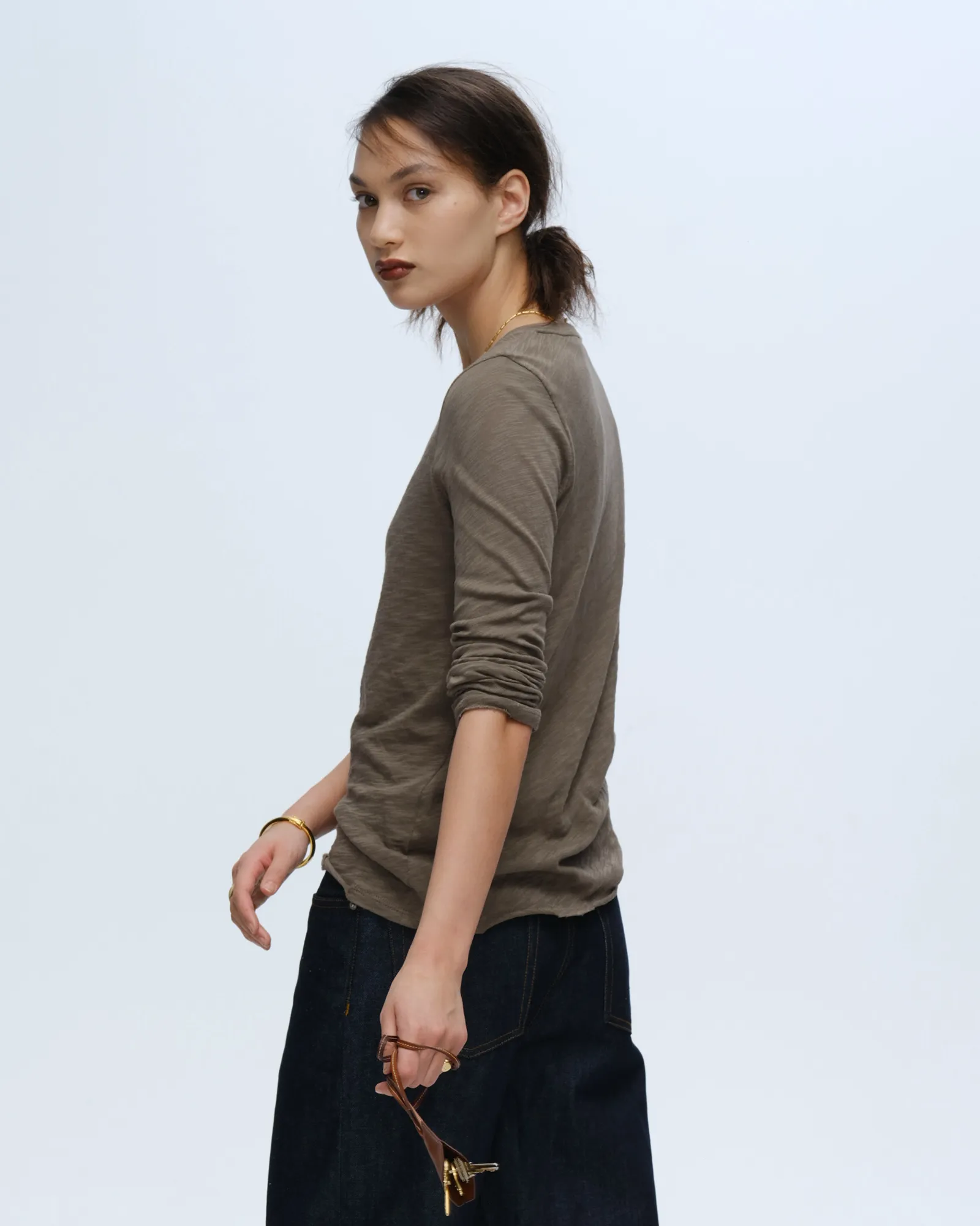 City Smart Look Slim Waistband Slub Jersey Long Sleeve Destroyed Wash Tee - Army