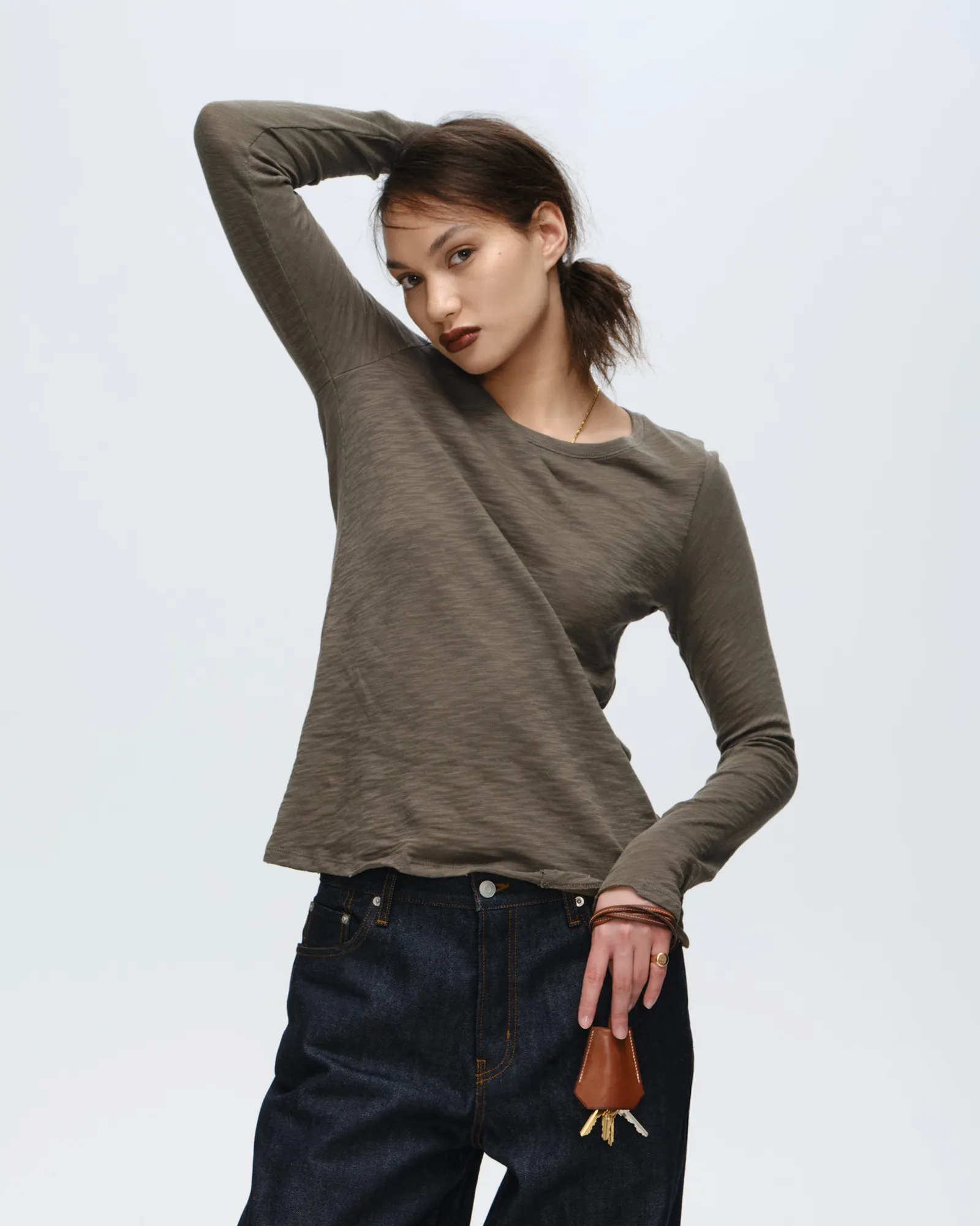 Slub Jersey Long Sleeve Destroyed Wash Tee - Army Roomy Comfort