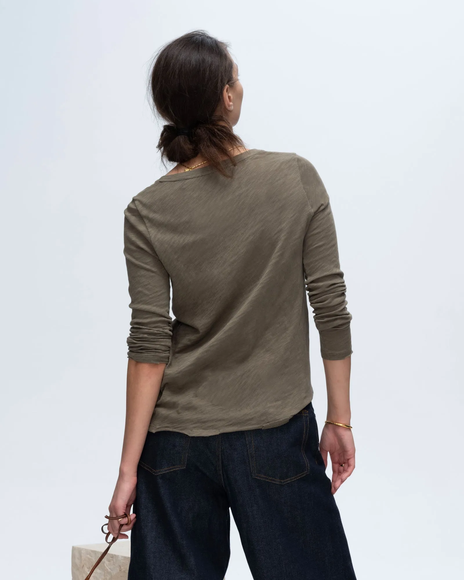 Lightweight Feel Pocket Design Slub Jersey Long Sleeve Destroyed Wash Tee - Army