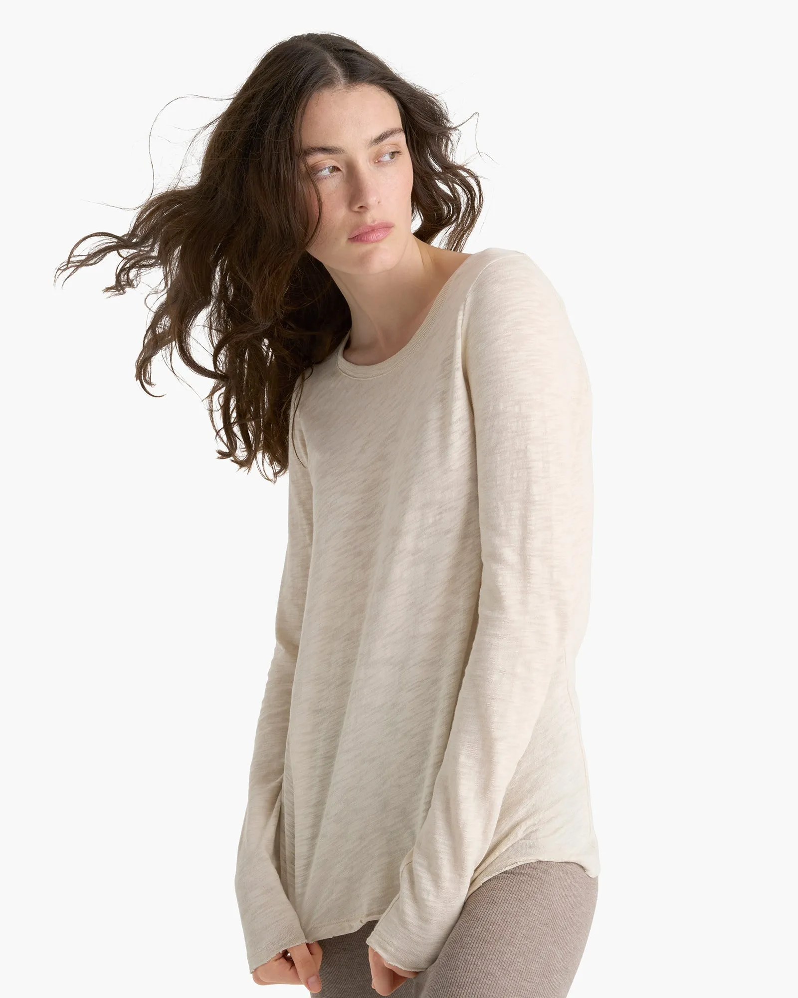 Slub Jersey Long Sleeve Destroyed Wash Tee - Bleached Oak Ribbed Neckline Stretch Fit Design