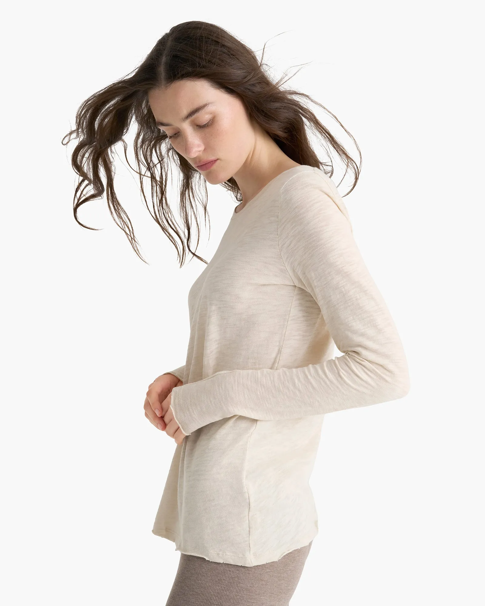 Slub Jersey Long Sleeve Destroyed Wash Tee - Bleached Oak Reinforced Shoulder Seams Premium Cotton