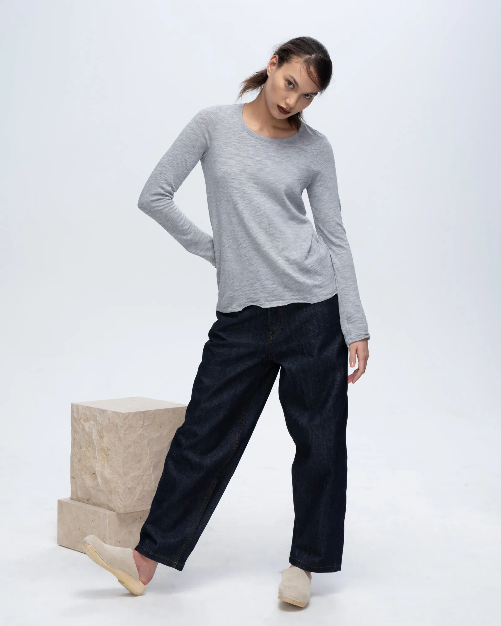 Slub Jersey Long Sleeve Destroyed Wash Tee - Heather Grey Cold Wash Optimized