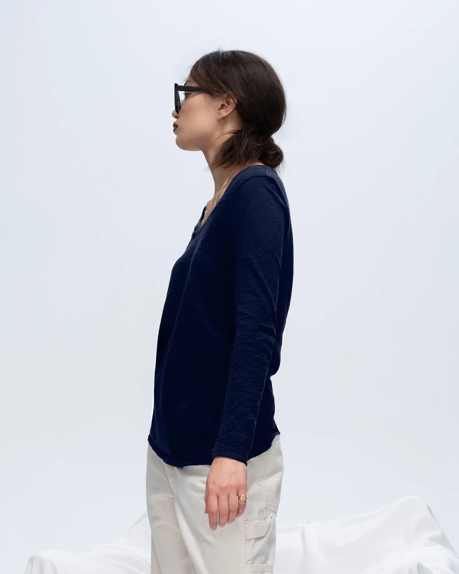 Slub Jersey Long Sleeve V-Neck Tee - Midnight fade resistant color