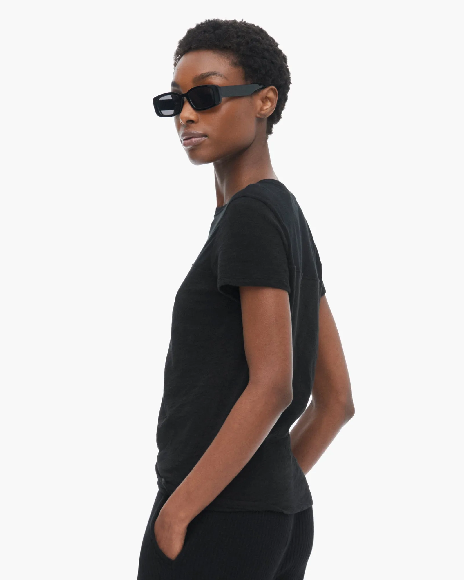 ReinforcedNeckline casual and comfortable Slub Jersey Mixed Media Schoolboy Crew Neck Tee - Black