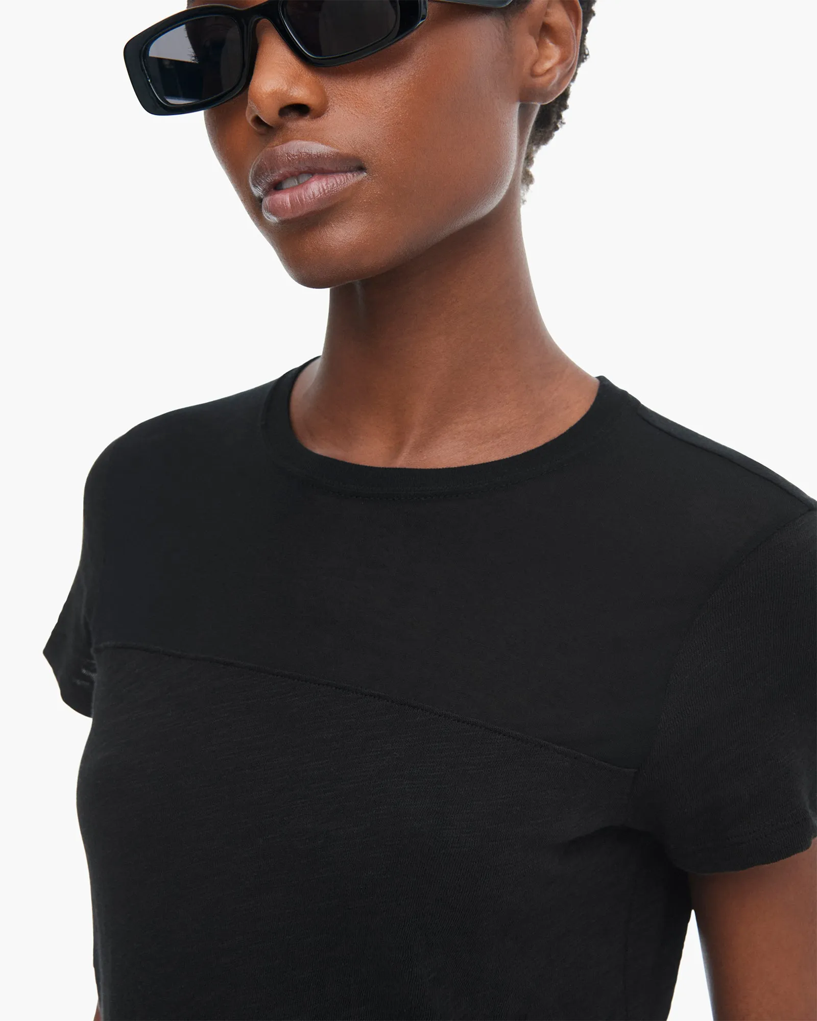 Slub Jersey Mixed Media Schoolboy Crew Neck Tee - Black Stretch performance