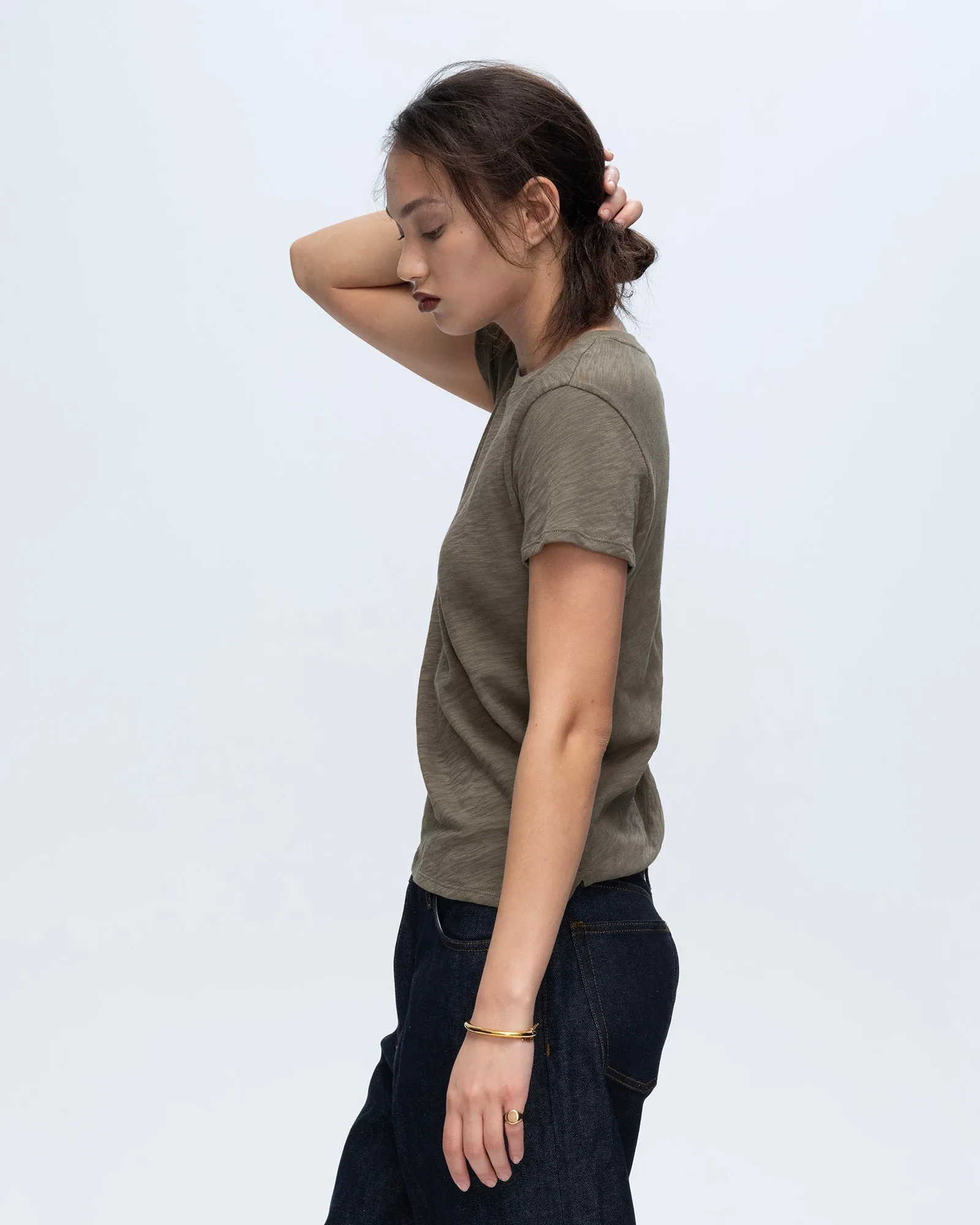 Slub Jersey Schoolboy Crew Neck Tee - Army Flexible Waist Soft Material