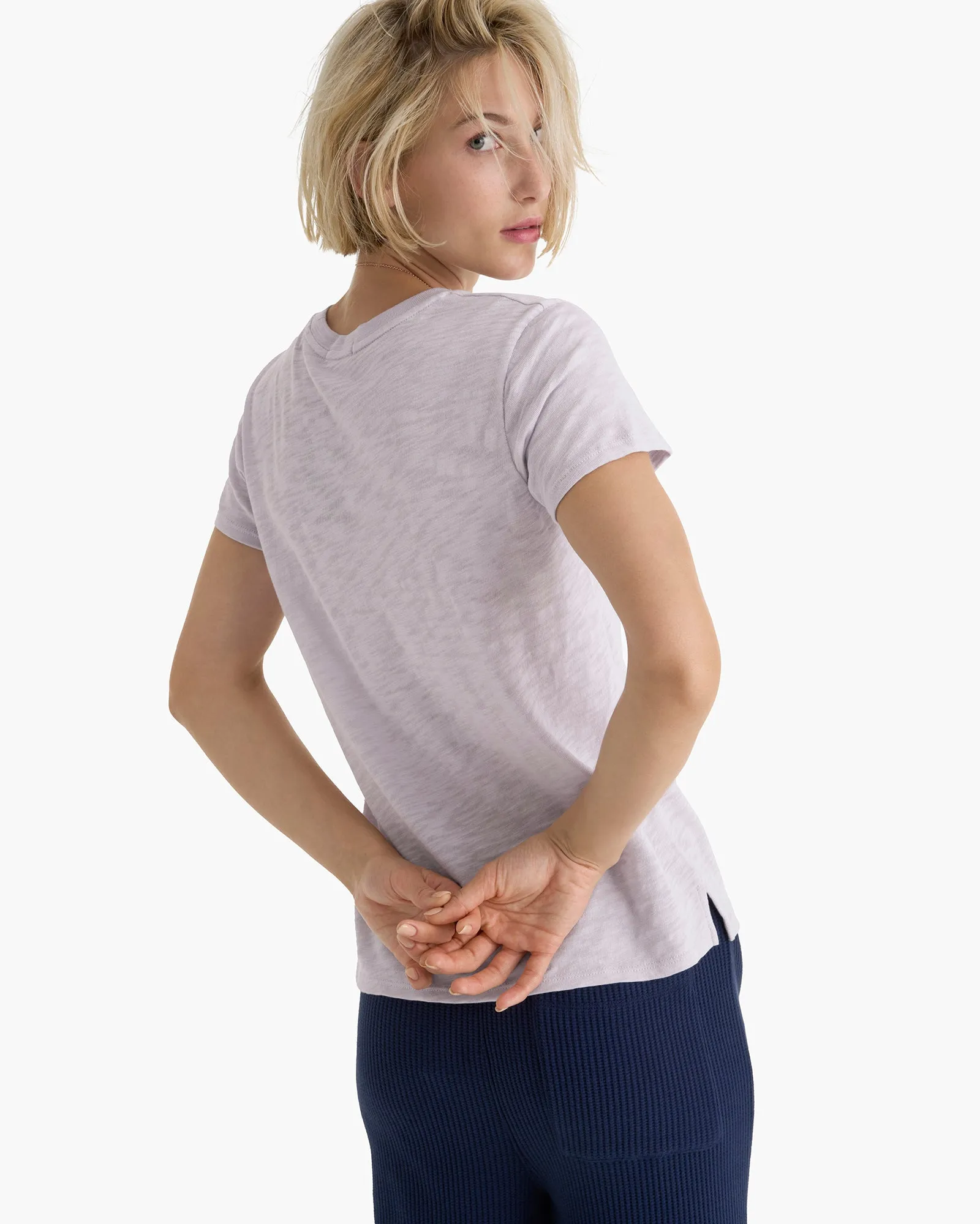 Slub Jersey Schoolboy Crew Neck Tee - Faded Lavender polo neck