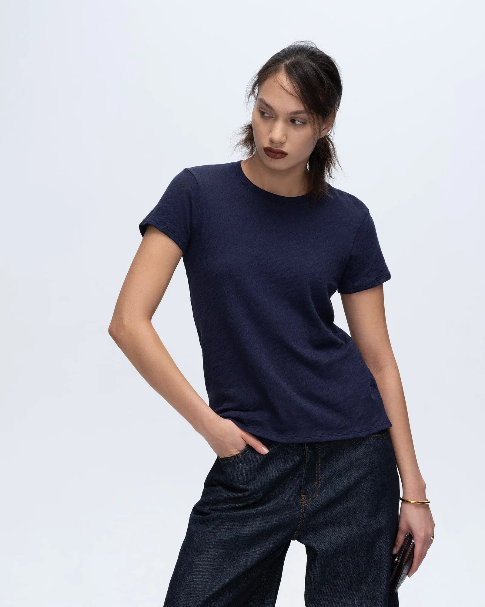 Slub Jersey Schoolboy Crew Neck Tee - Midnight Summer Casual Flexible Ribbed Neckline