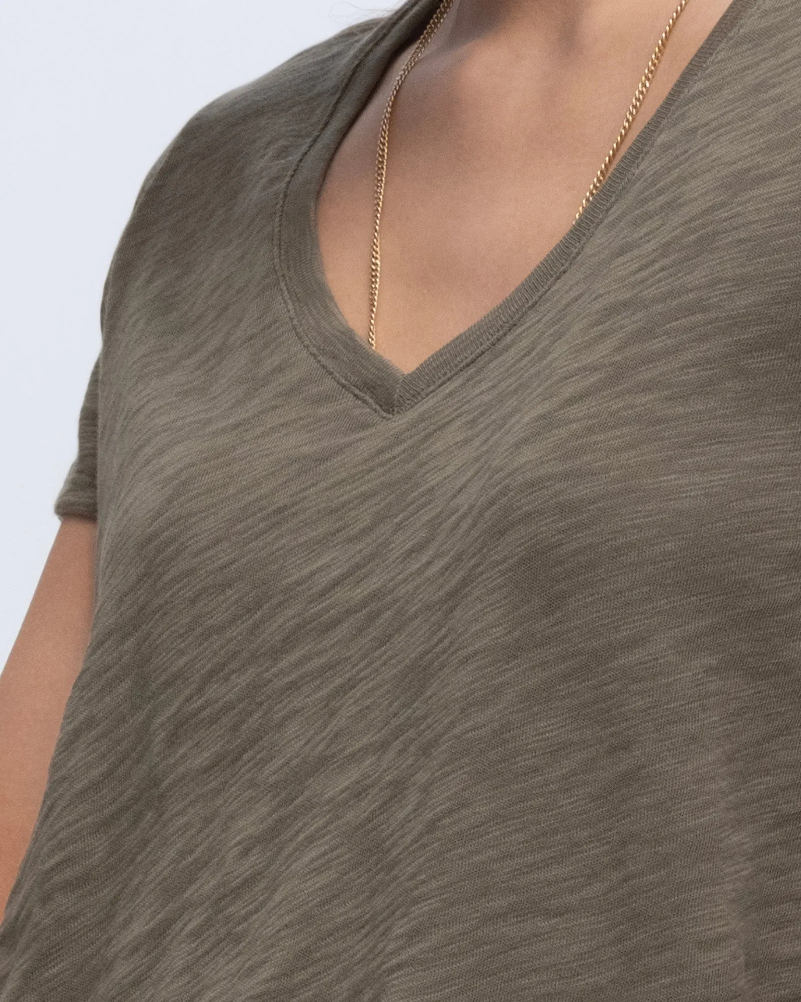 Slub Jersey Schoolboy V-Neck Tee - Army Comfortable and Chic