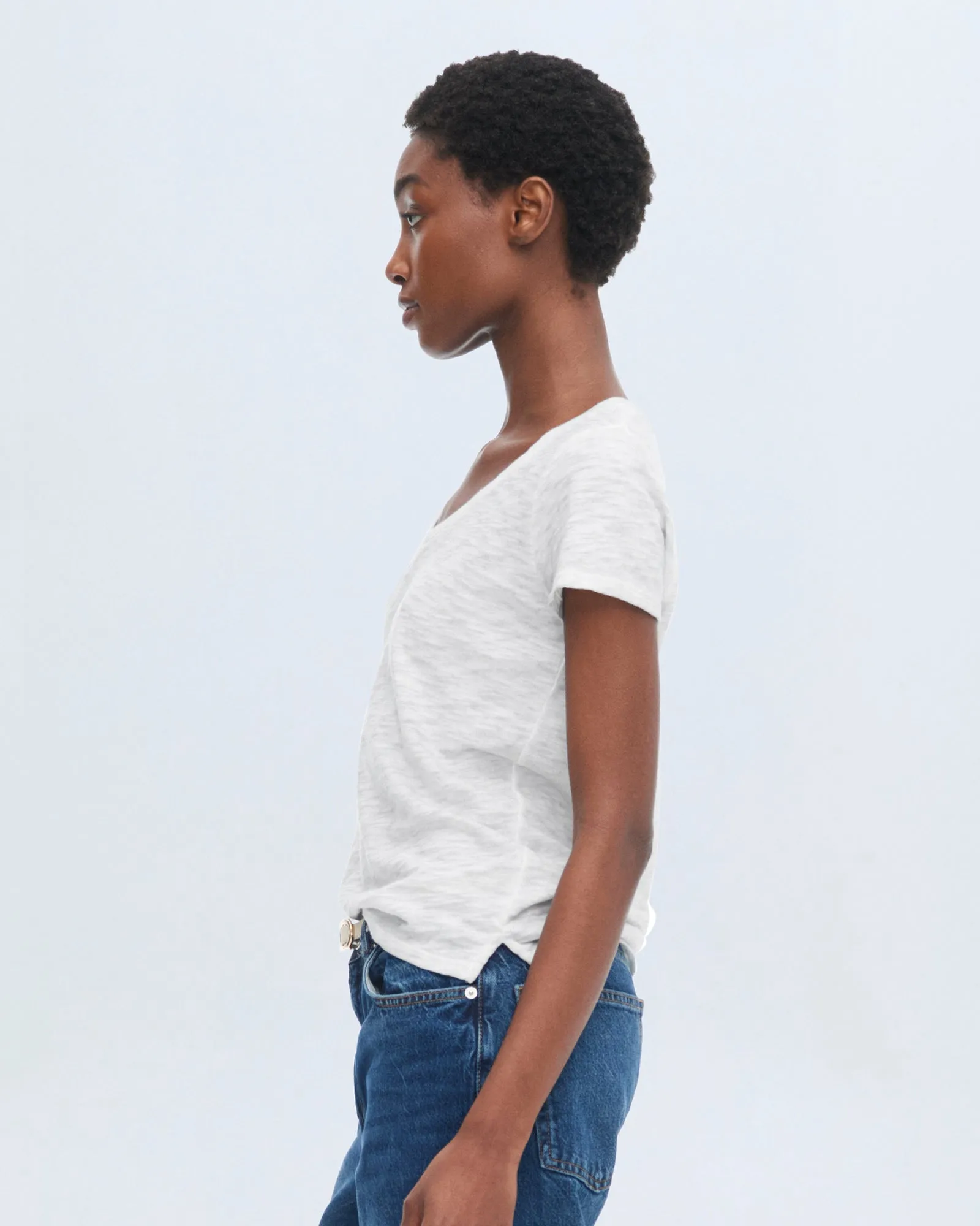 Slub Jersey Schoolboy V-Neck Tee - White Relaxing Day Effortless Look