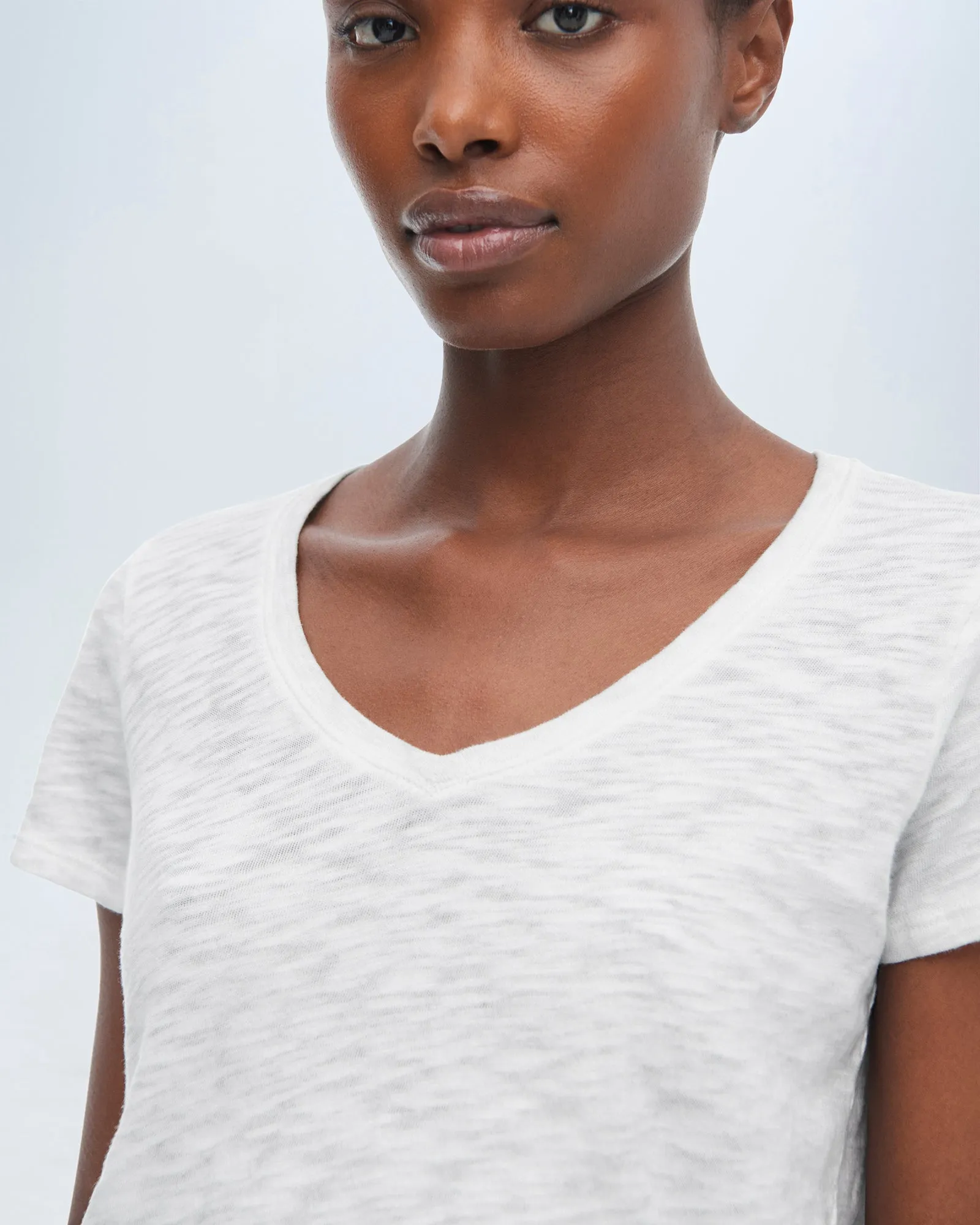 Sporty and Stylish Slub Jersey Schoolboy V-Neck Tee - White