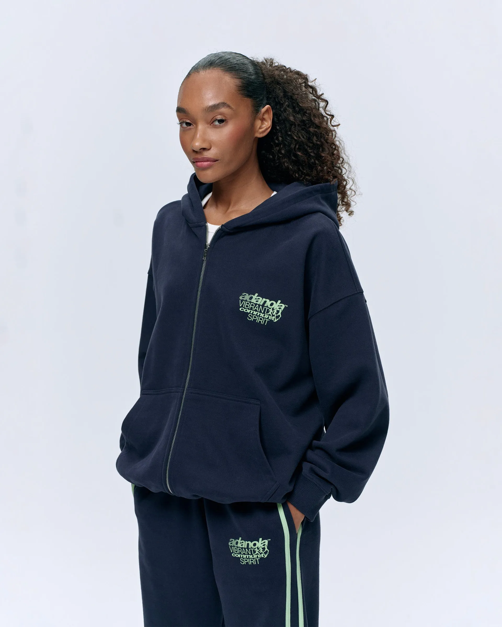 Cotton Blend Community Spirit Oversized Full Zip Hoodie - Navy Blue/Mint Green