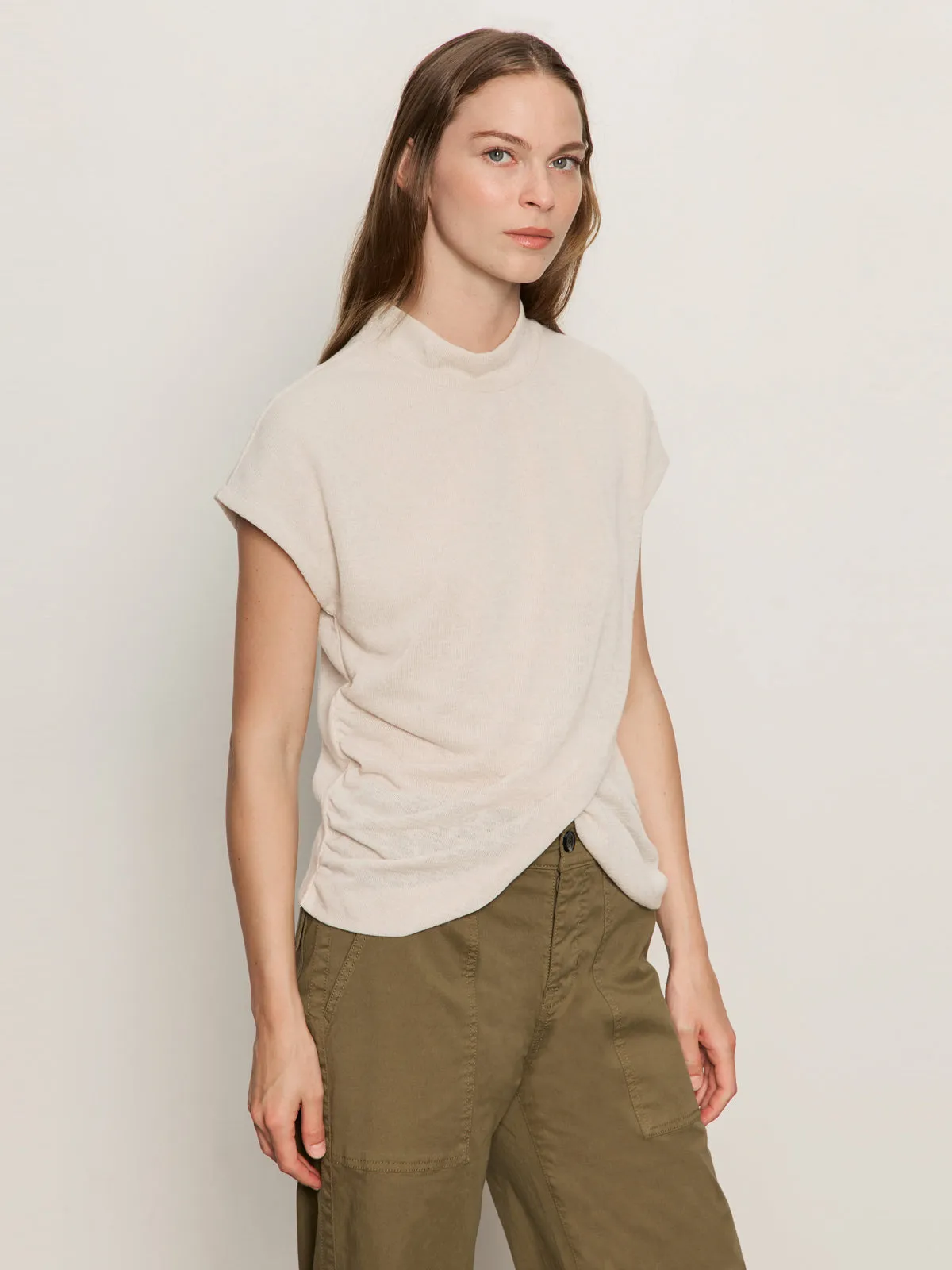 Draped Sleeveless Mock Neck Top Mother Of Pearl cotton material