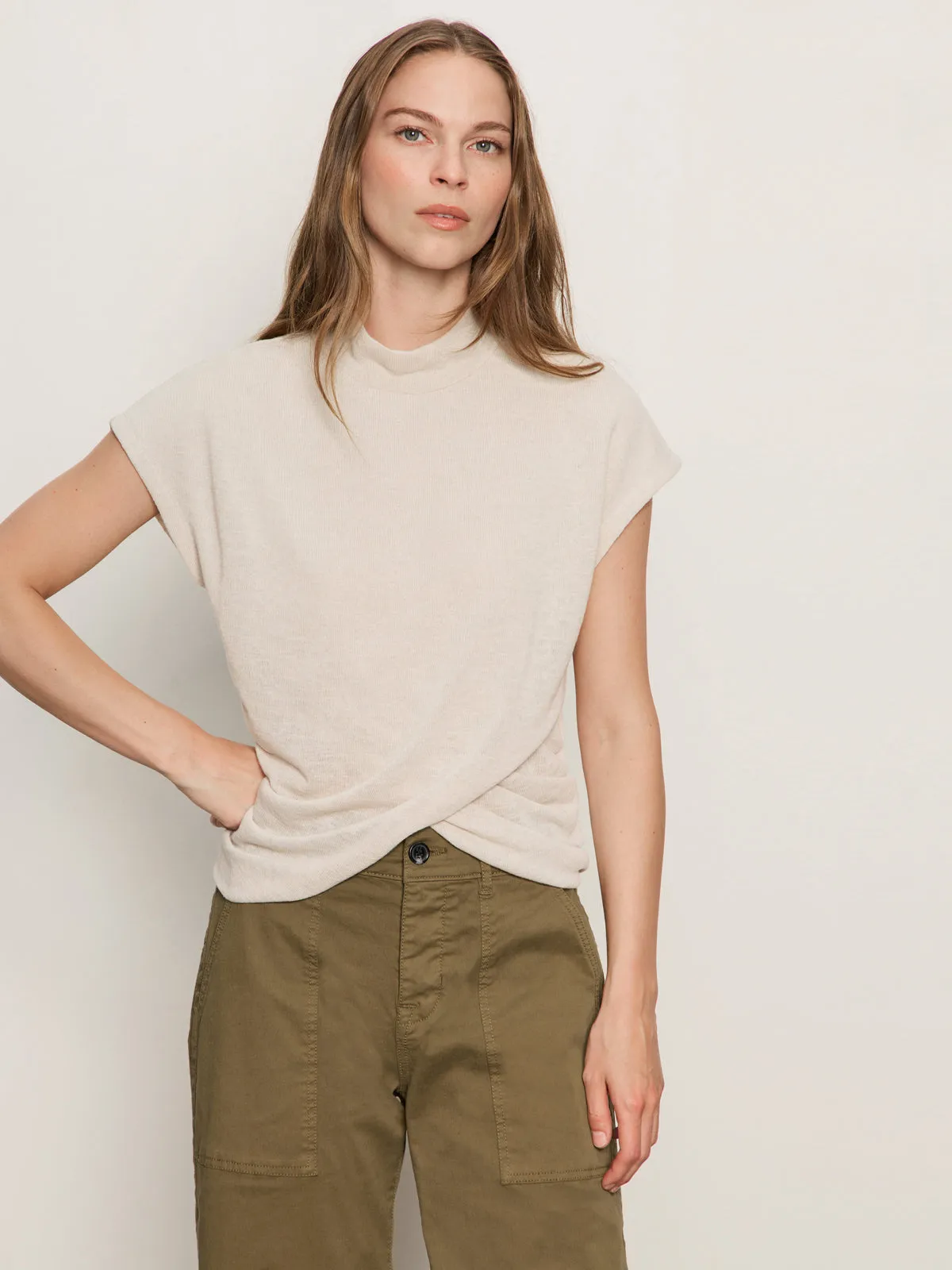 Minimal Look casual and comfortable Draped Sleeveless Mock Neck Top Mother Of Pearl