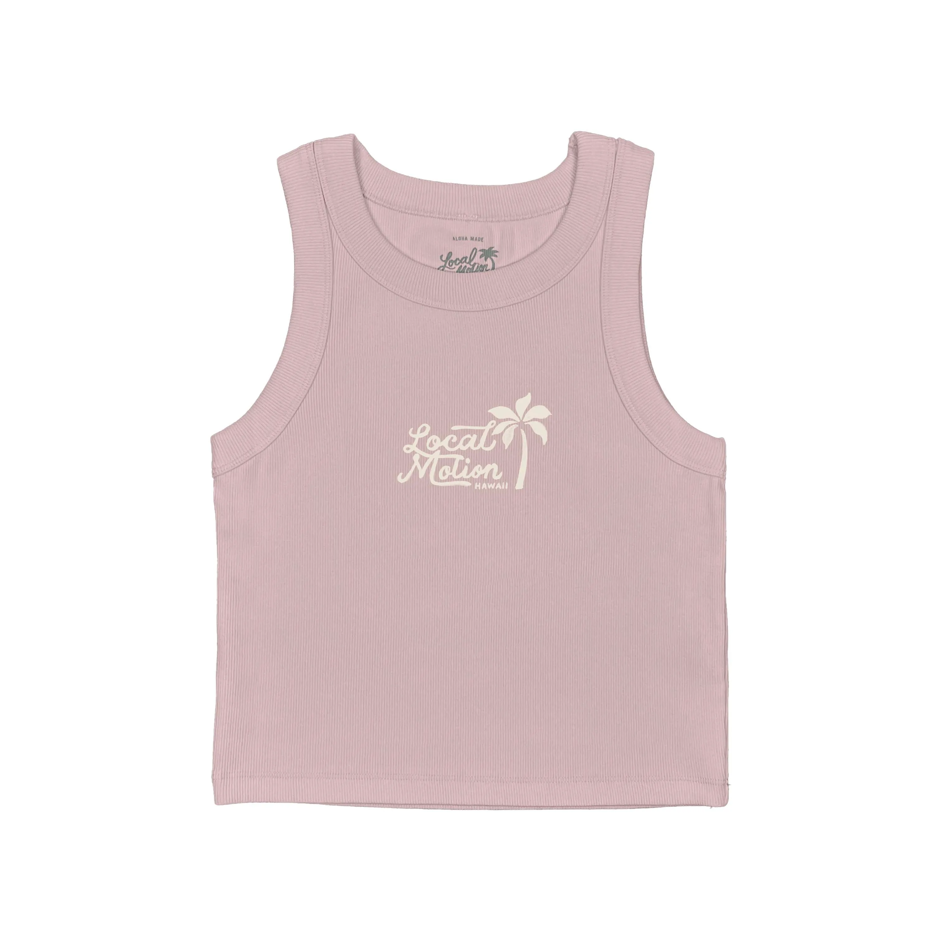 PAINTED PALM LOGO RIB CROP TANK Flatlock stitching fuel efficient