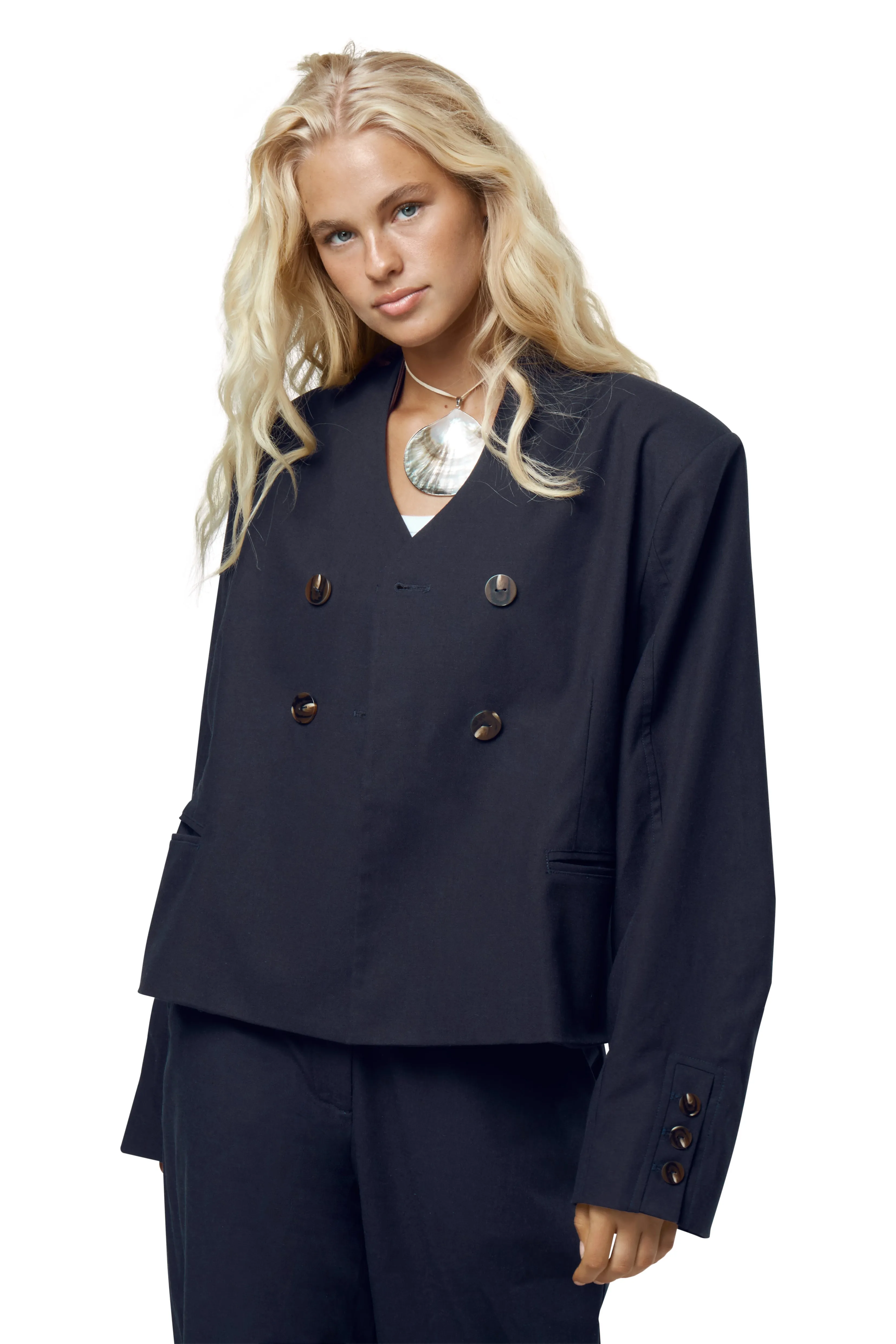 Interchangeable Liners Emmie Double Breasted Linen Blazer in Navy