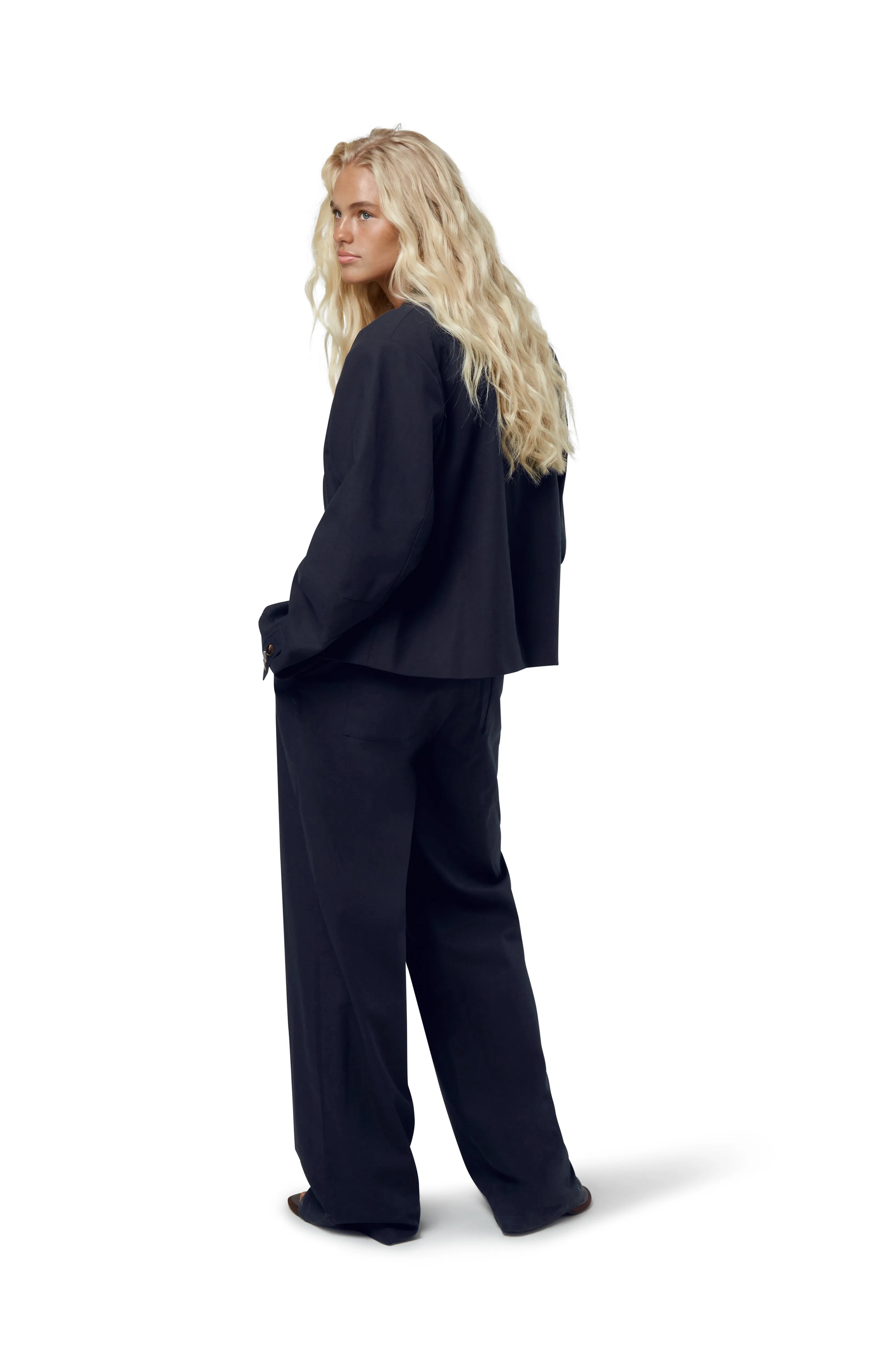 Emmie Double Breasted Linen Blazer in Navy Seasonal Trend Bonded Edge Finish