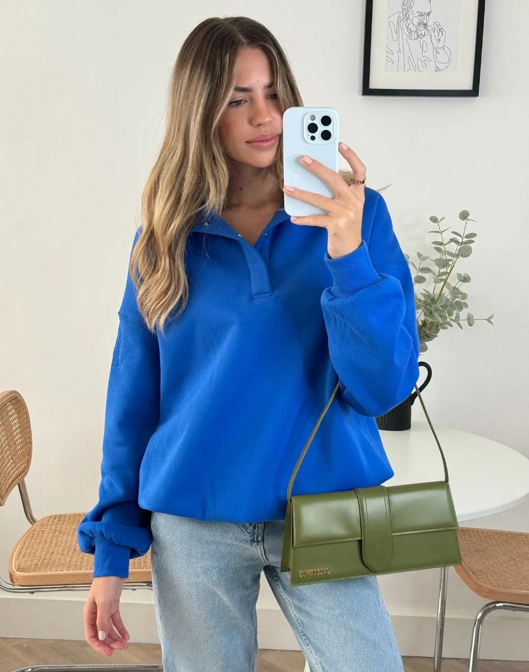 Snap Collar Sierra Sweatshirt in Azure Blue good for weekends Neutral palette