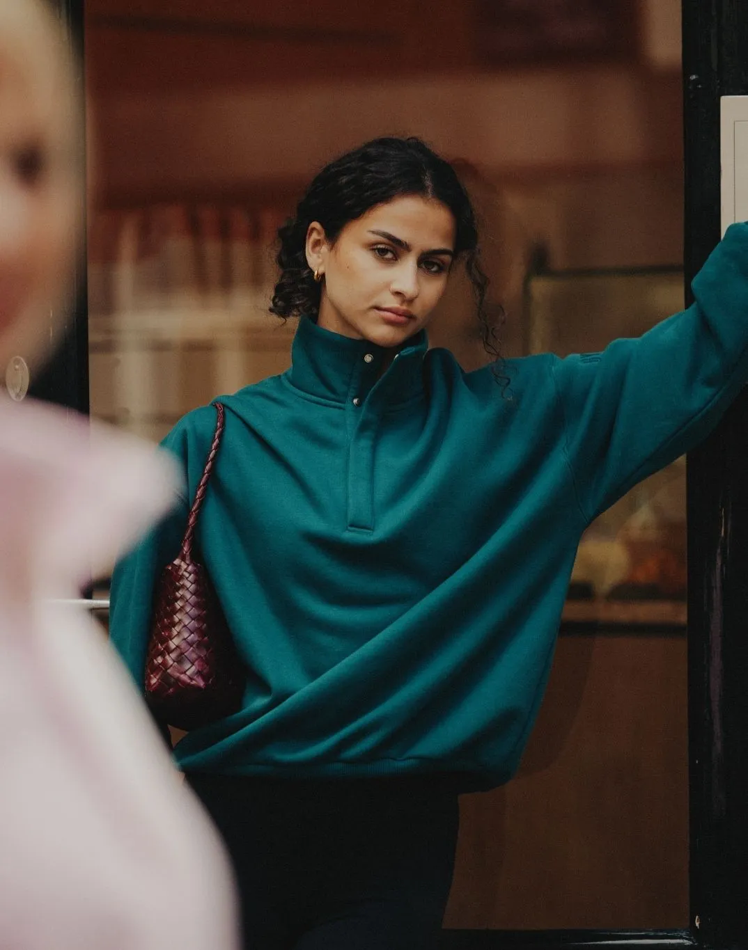 Snap Collar Sierra Sweatshirt in Teal Warm Hues product fluffy softness