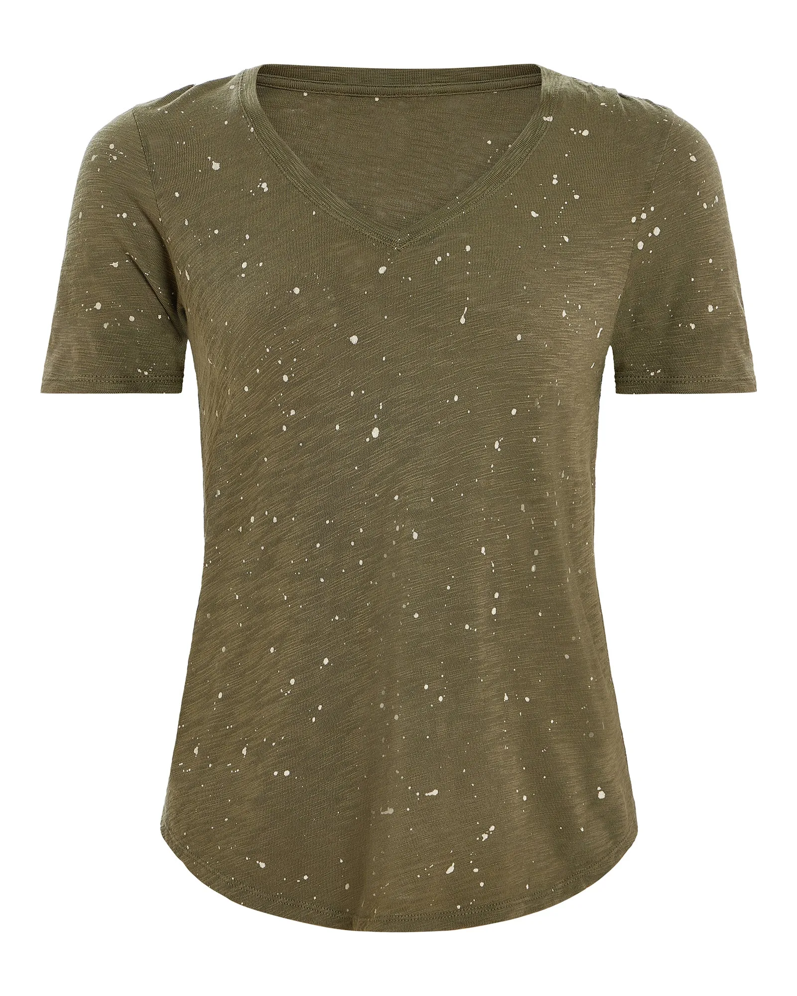 Sporty and Cool Slub Jersey Splatter Paint Classic Short Sleeve V-Neck Tee - Army-Faded Dune
