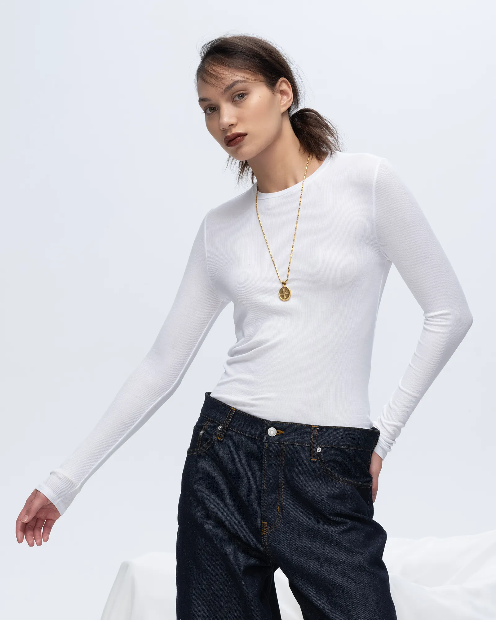 Comfy Stretch Wear Streetwear attitude Modal Rib Long Sleeve Crew - White