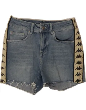 KAPPA Womens Graphic Denim Shorts Small W28 Blue Colourblock Cotton Brunch Outfit Flex Fit Collar
