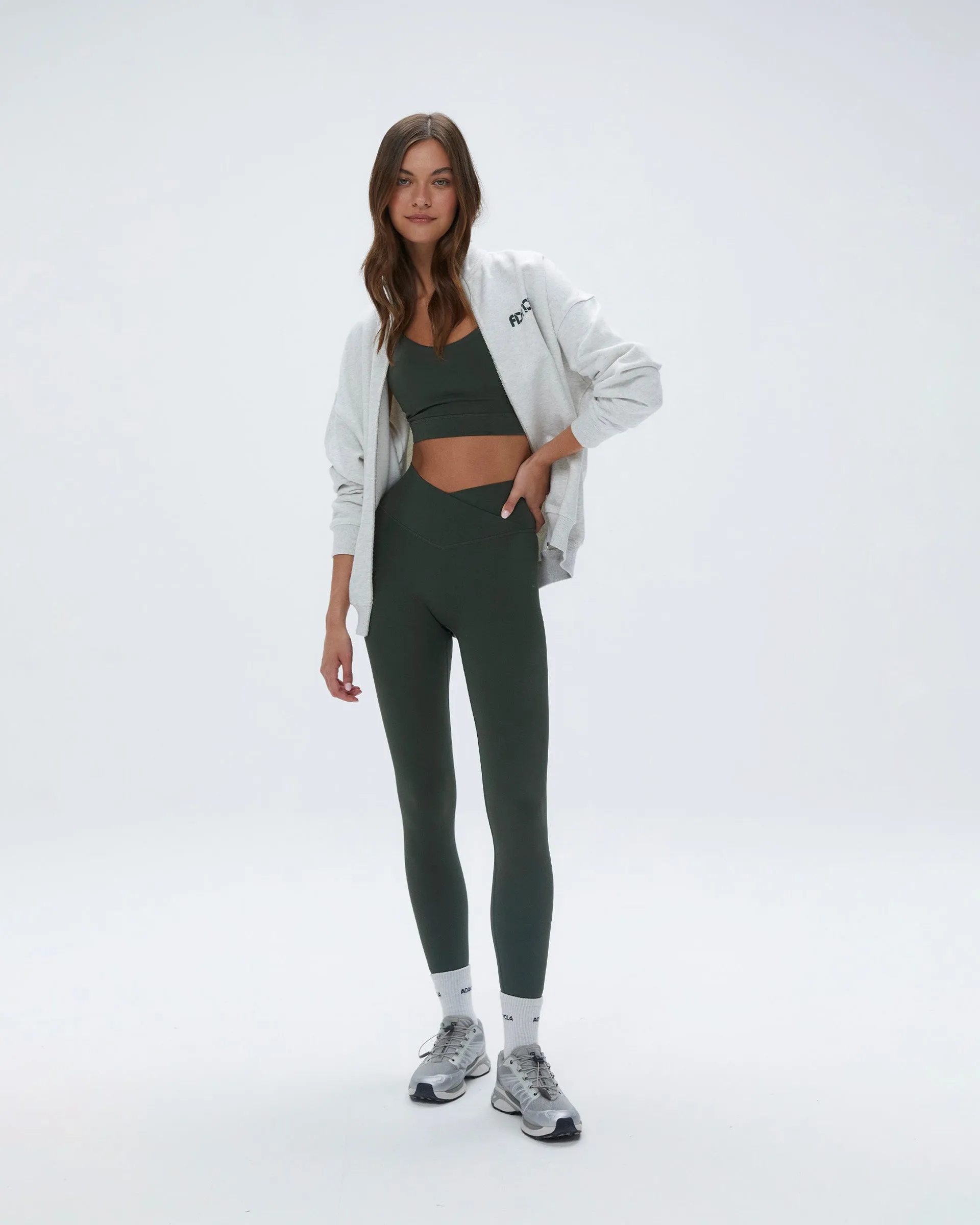 Cozy Texture Trendy Sportswear Oversized Full Zip Funnel Sweatshirt - Light Grey Melange / Dark Olive