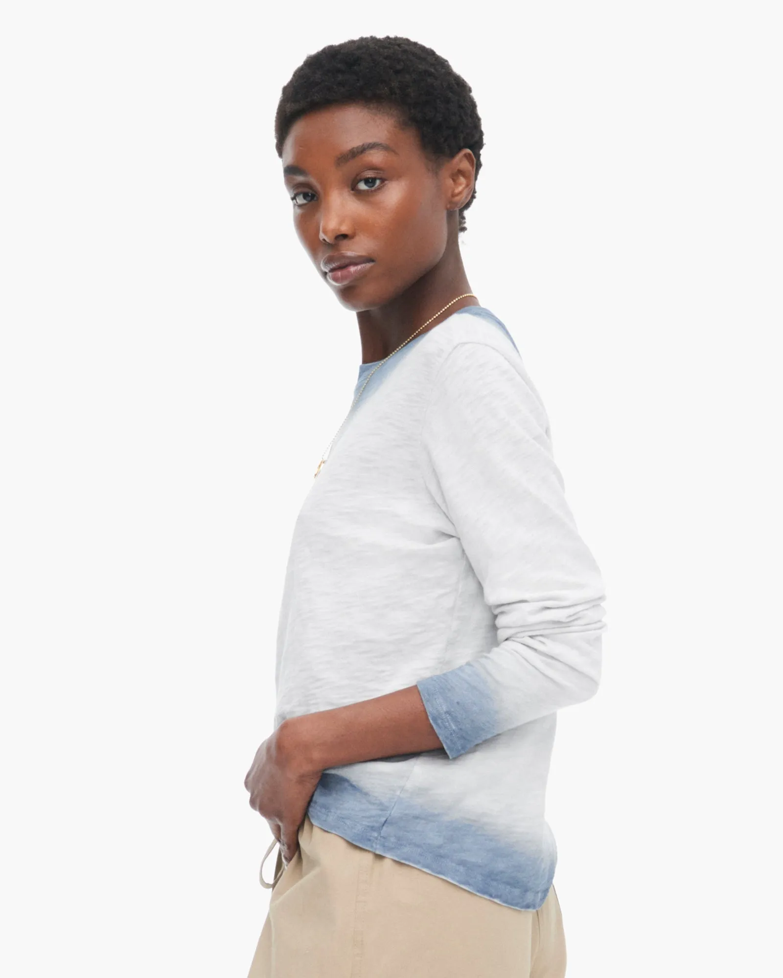 Spray Treatment Slub Jersey Long Sleeve Crewneck - Silver-Wash Navy EcoFriendly Dye casual outing