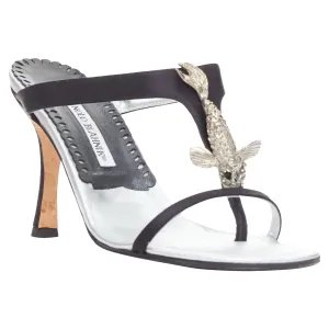 Sleek Sandals Daytime Heels Manolo Blahnik black satin koi fish mules