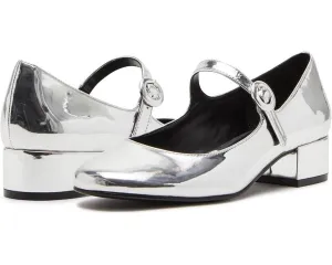 Steve Madden Cyndie Pump Women's 10 Silver Round Toe Slip-On Block Heel KHD132 Vegan Heels