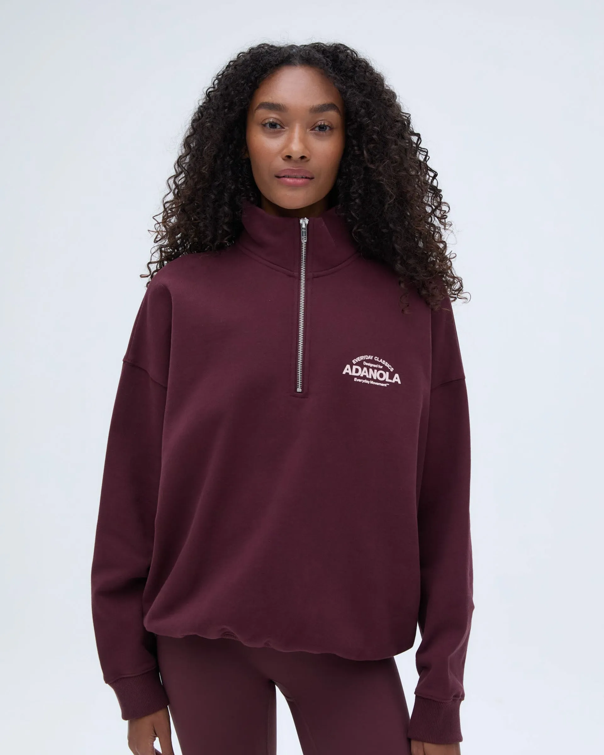 Classics Oversized Funnel Neck Zip Sweatshirt - Burgundy button detail Fleece Lining