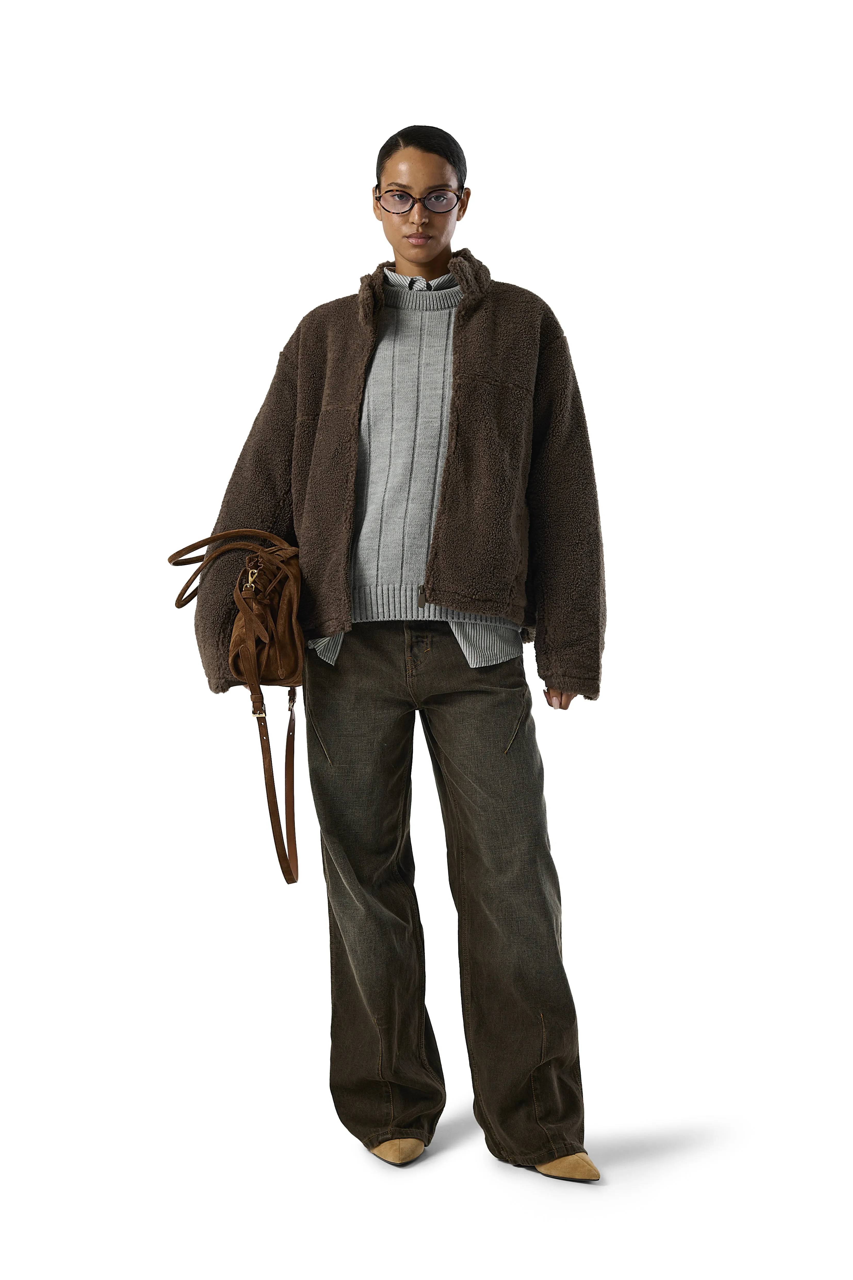 Flexible Layer Fit STRAY Textured Biker Jacket in Brown