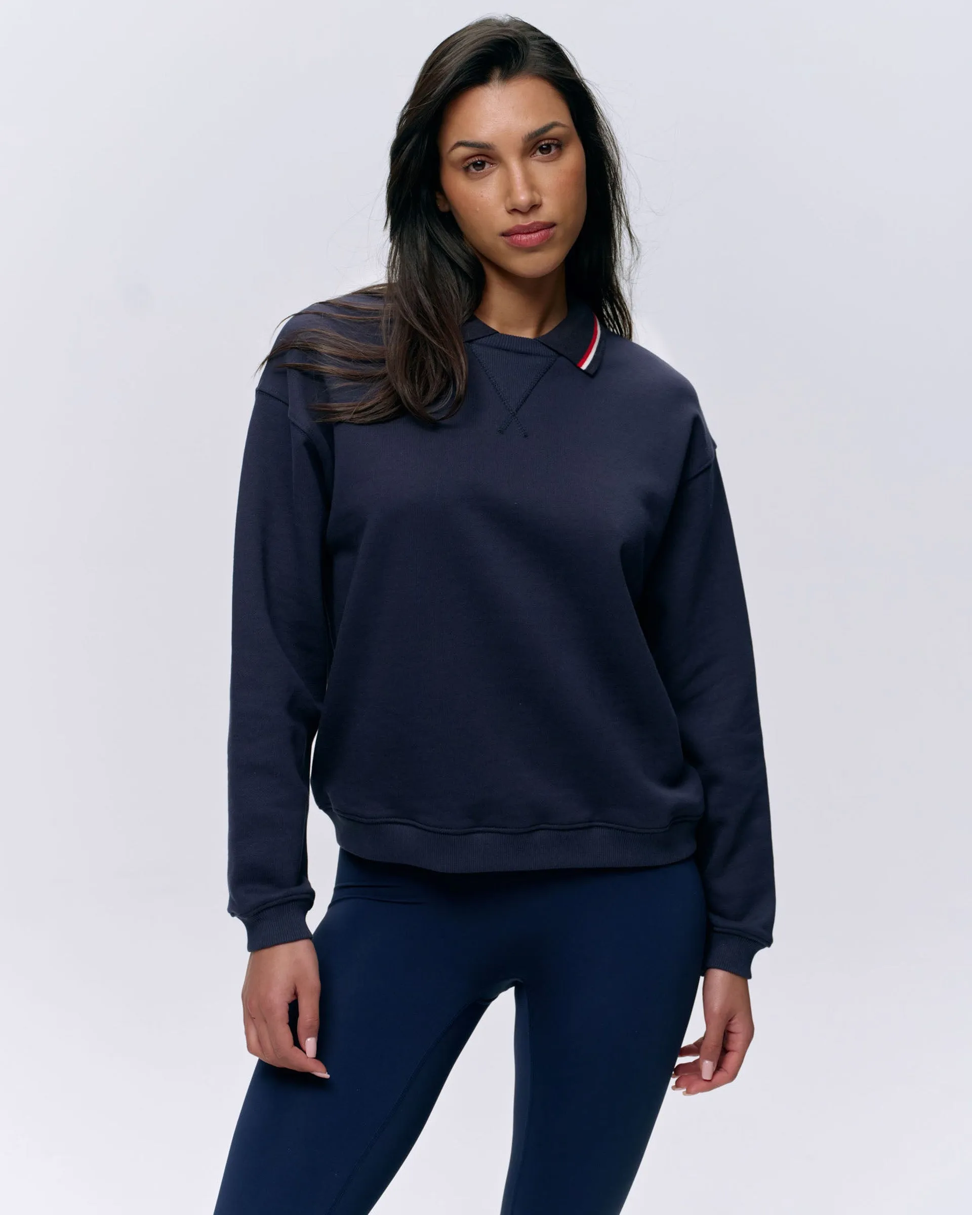 Cool in summer Timeless Relaxed Collared Sweatshirt - Navy Blue/Marshmallow White