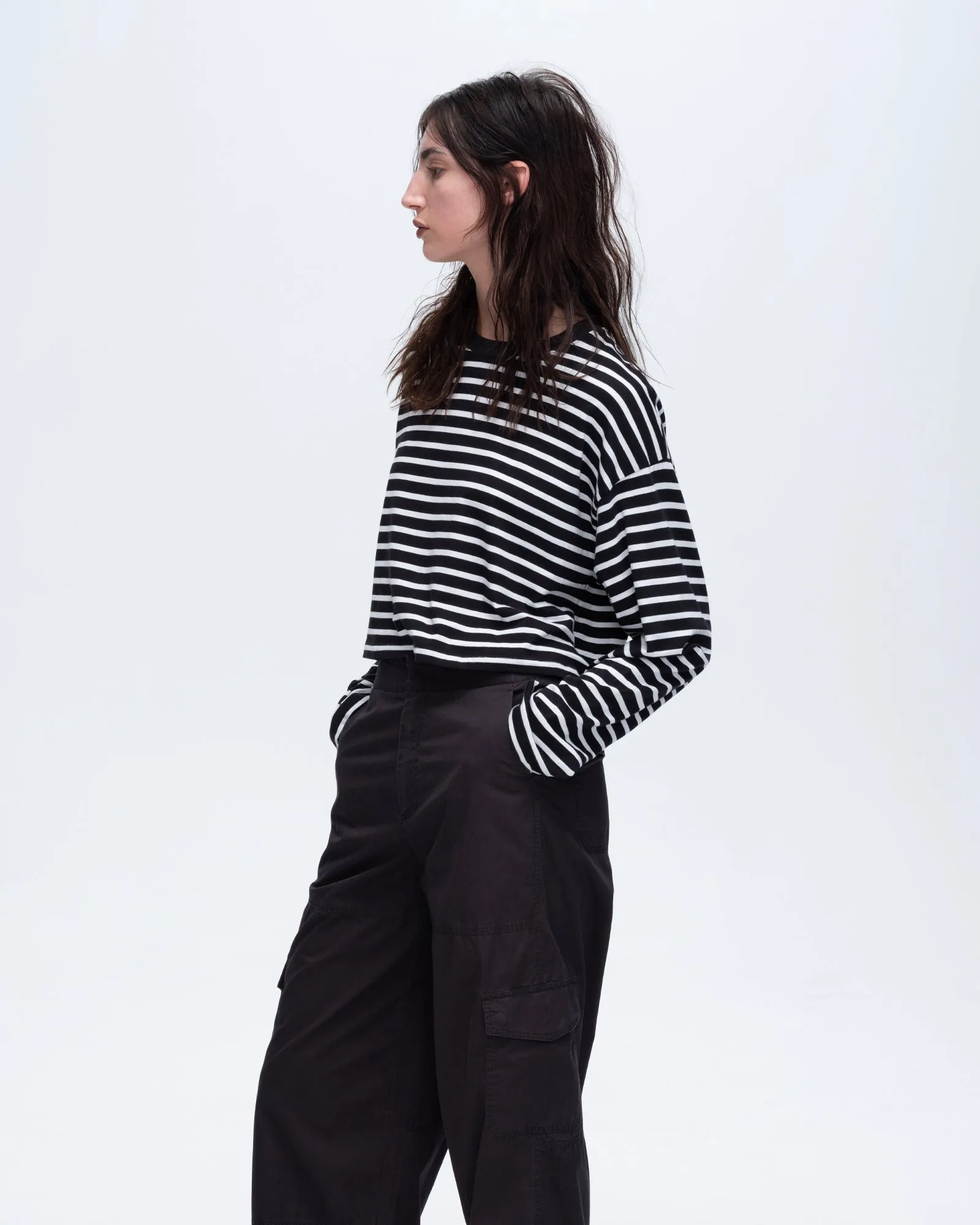 Stripe Classic Jersey Long Sleeve Crew Neck Boxy Tee - Black-White Comfortable Layering Functional Wearable