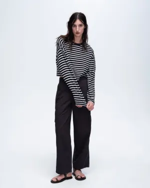 Stripe Classic Jersey Long Sleeve Crew Neck Boxy Tee - Black-White Perfect Style Comfy Stretch Fit