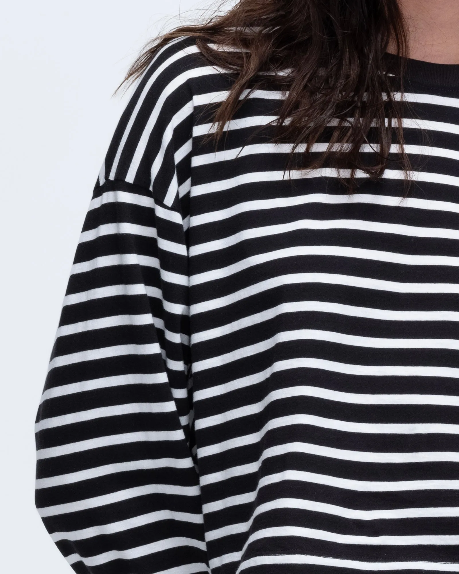 Lightweight Fashion Stripe Classic Jersey Long Sleeve Crew Neck Boxy Tee - Black-White