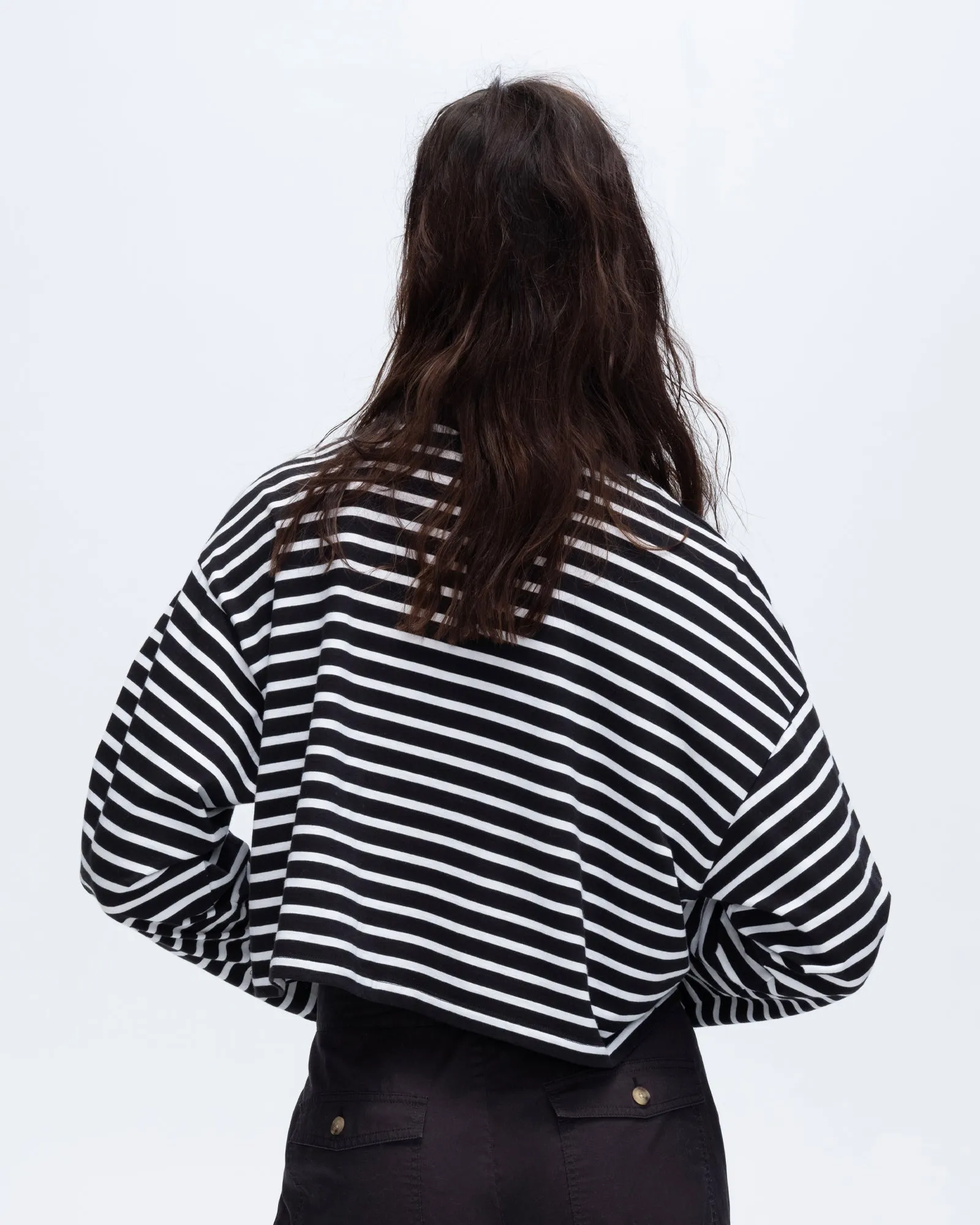 Stripe Classic Jersey Long Sleeve Crew Neck Boxy Tee - Black-White Fit Flex