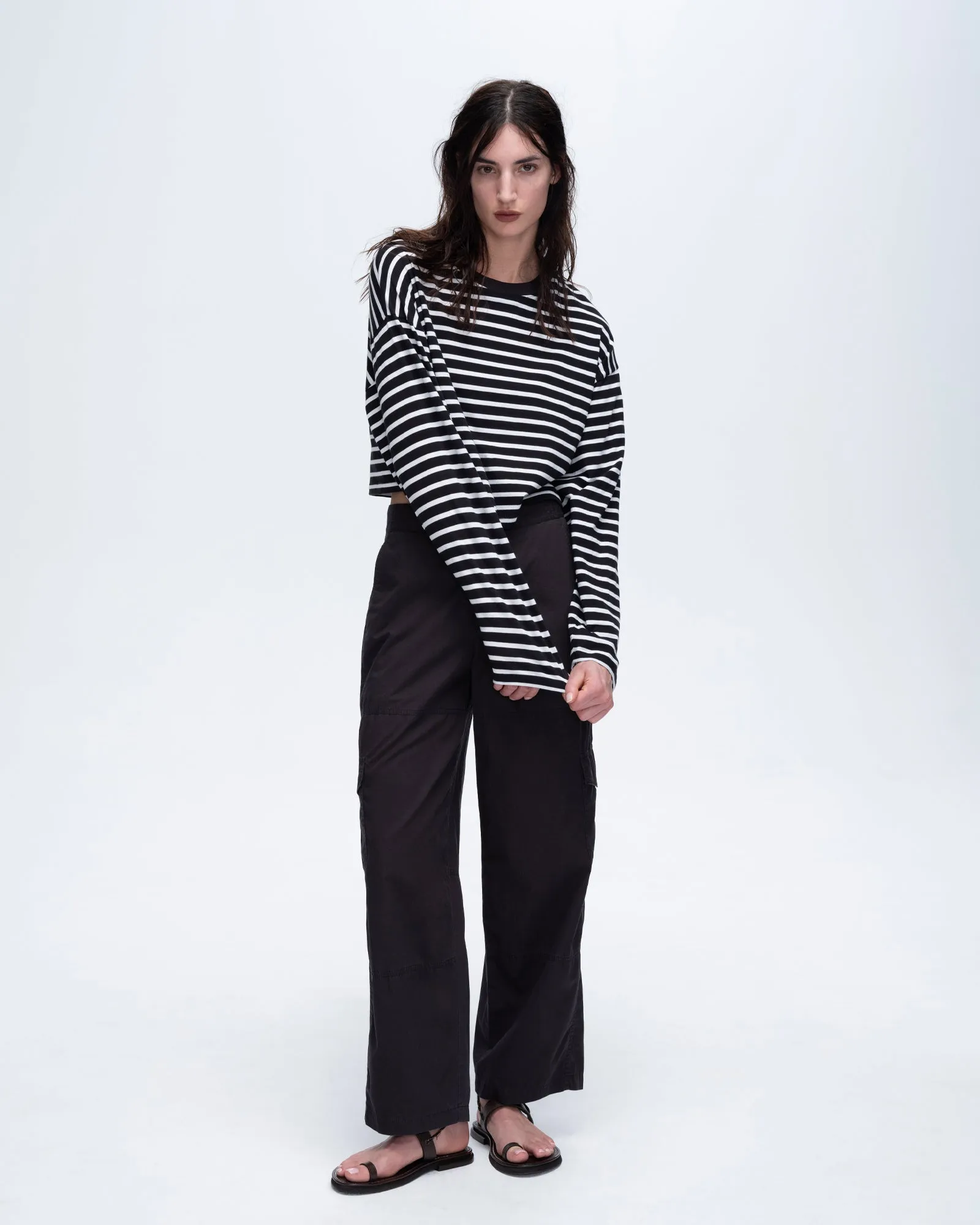 Stripe Classic Jersey Long Sleeve Crew Neck Boxy Tee - Black-White Perfect Style Comfy Stretch Fit